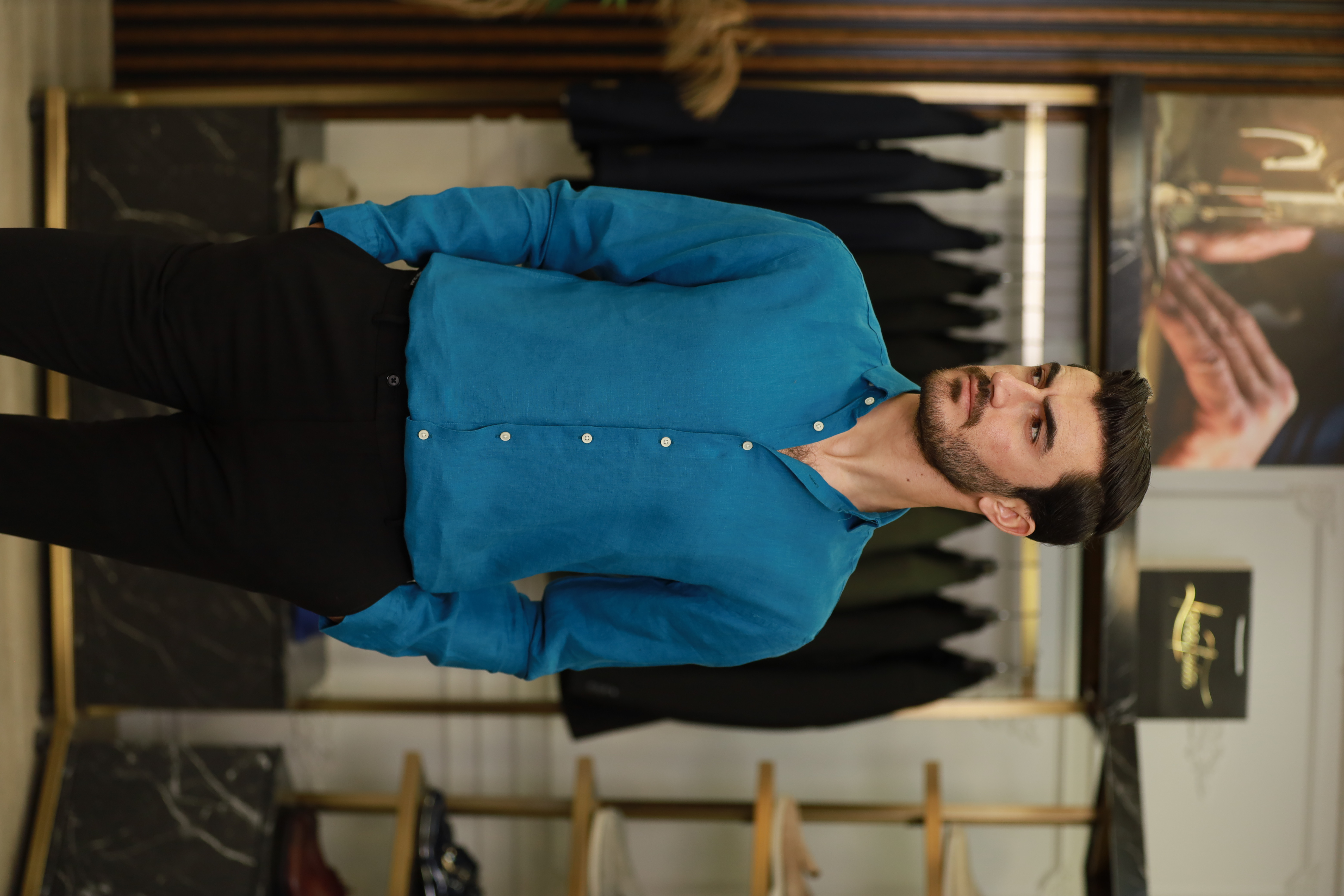 Erkek Regular Fit İtalyan Yaka Mevsimlik Keten Gömlek-Mavi