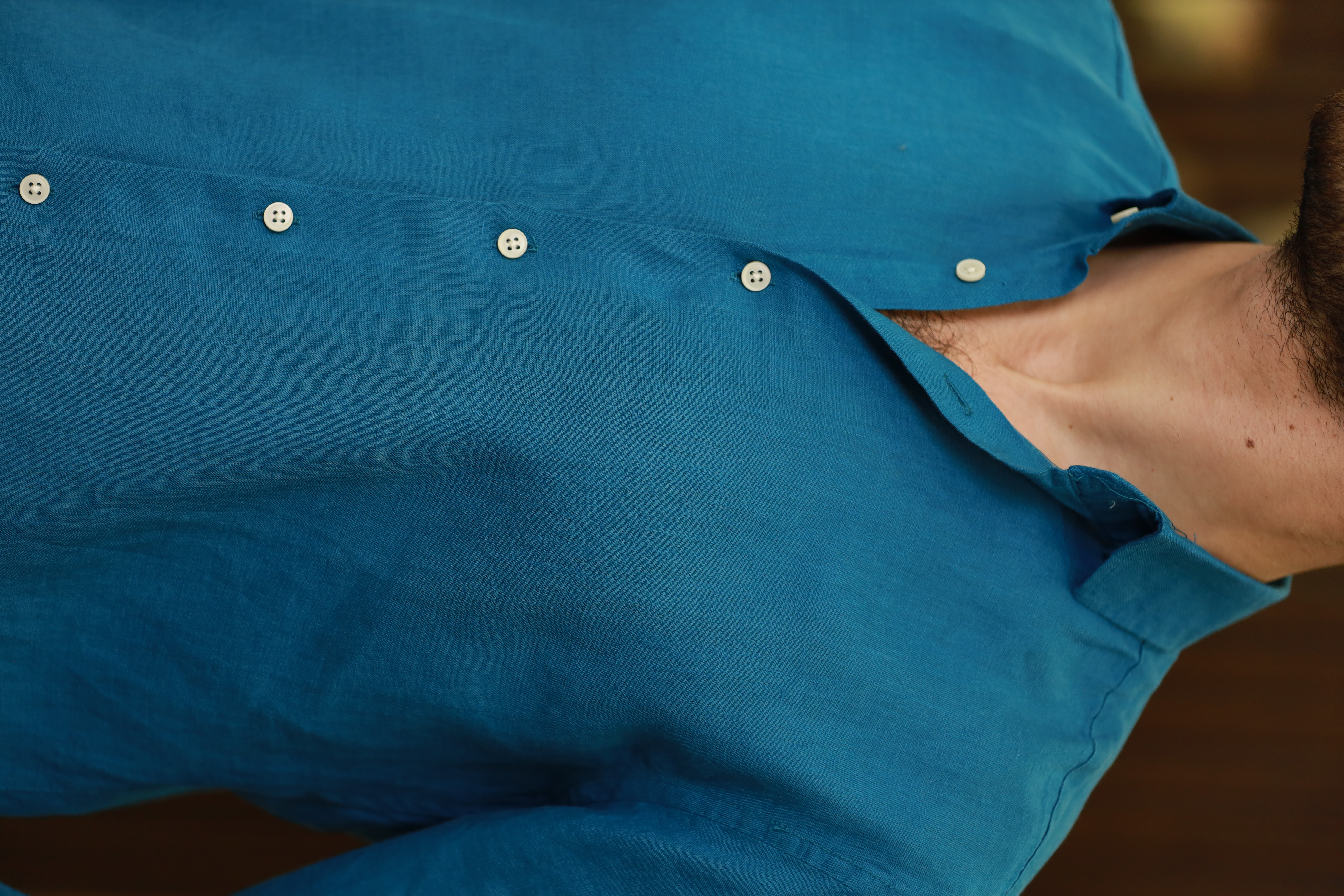 Erkek Regular Fit İtalyan Yaka Mevsimlik Keten Gömlek-Mavi