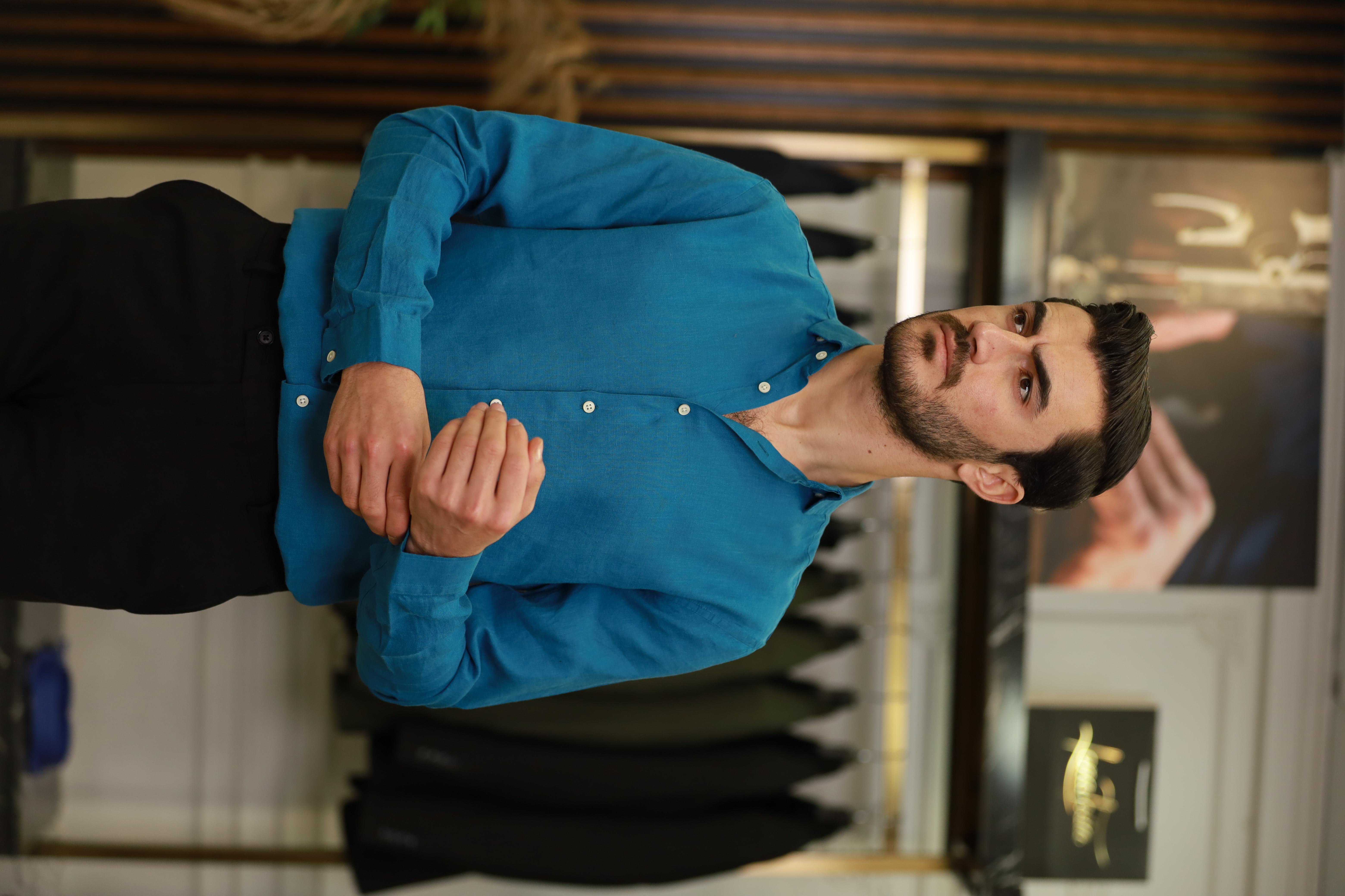 Erkek Regular Fit İtalyan Yaka Mevsimlik Keten Gömlek-Mavi