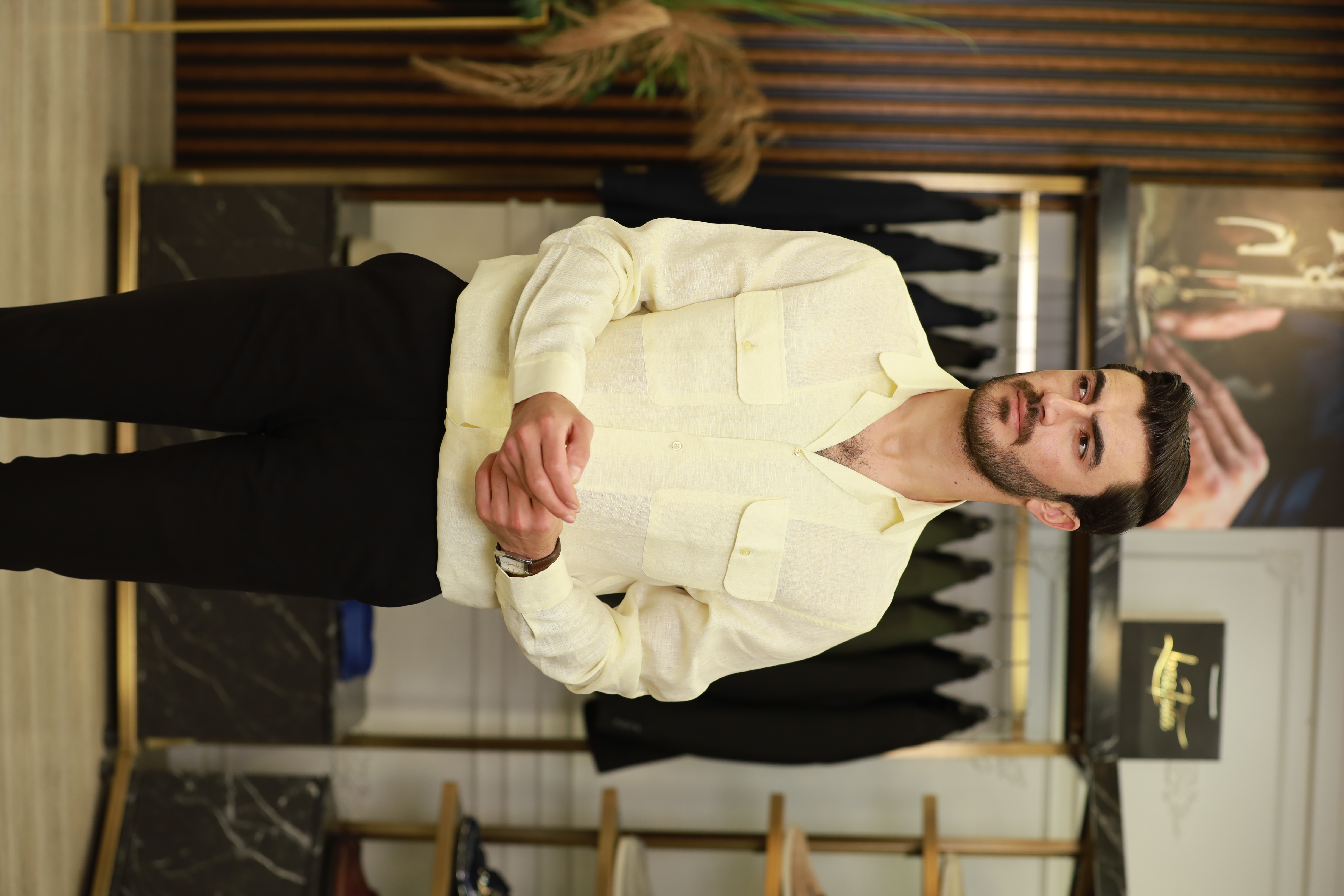 Erkek Regular Fit Keten Gömlek-Sarı