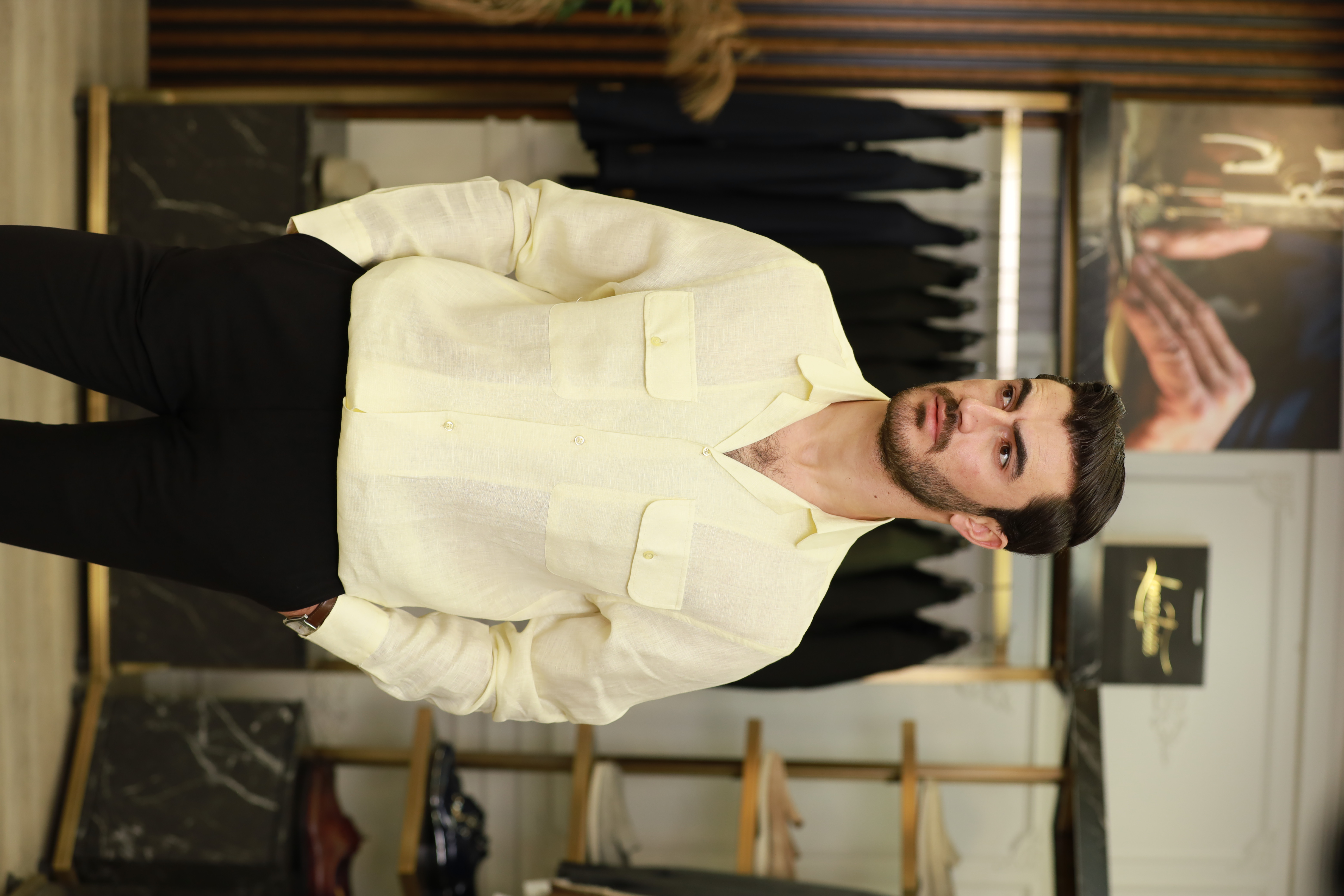 Erkek Regular Fit Keten Gömlek-Sarı