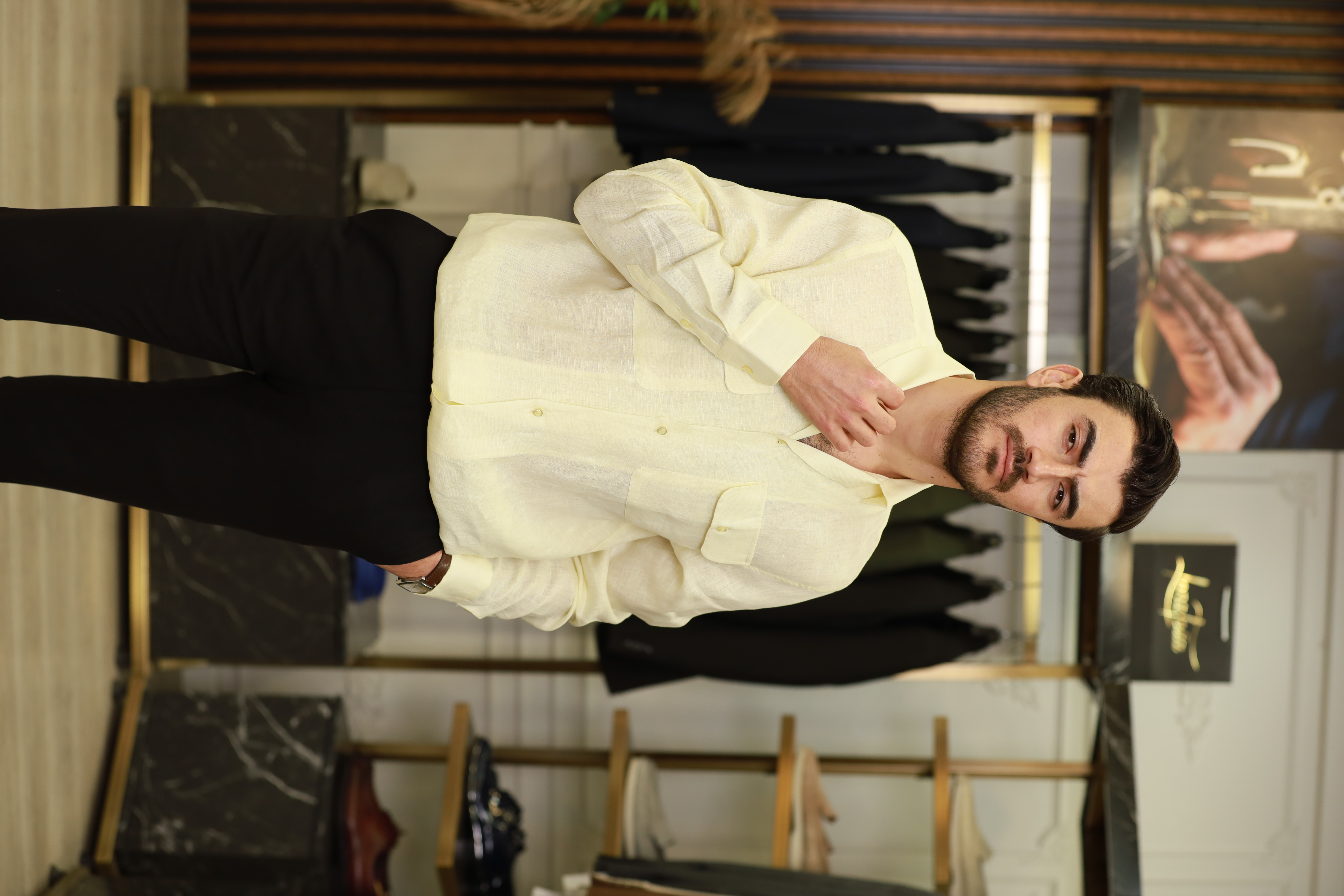 Erkek Regular Fit Keten Gömlek-Sarı