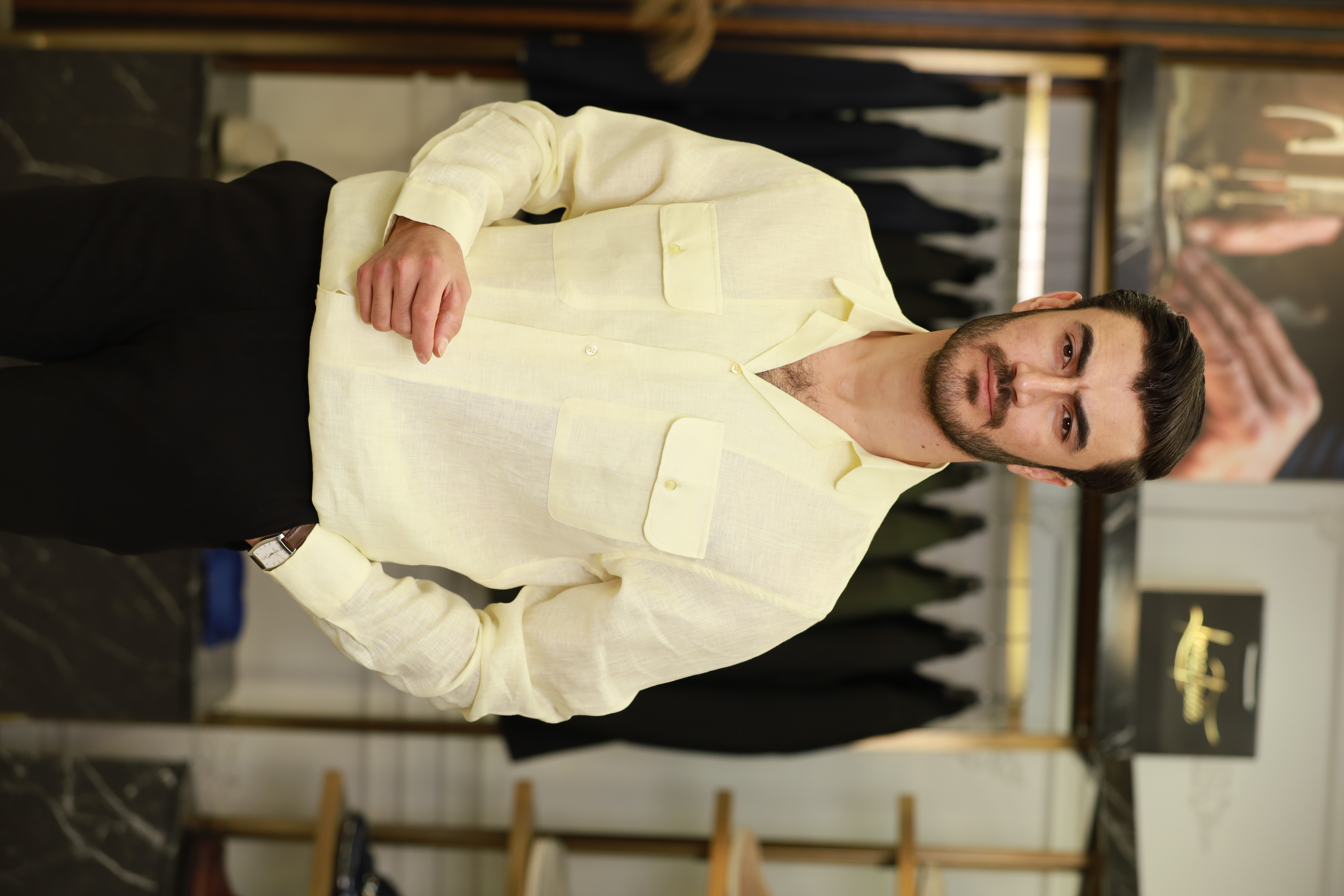 Erkek Regular Fit Keten Gömlek-Sarı