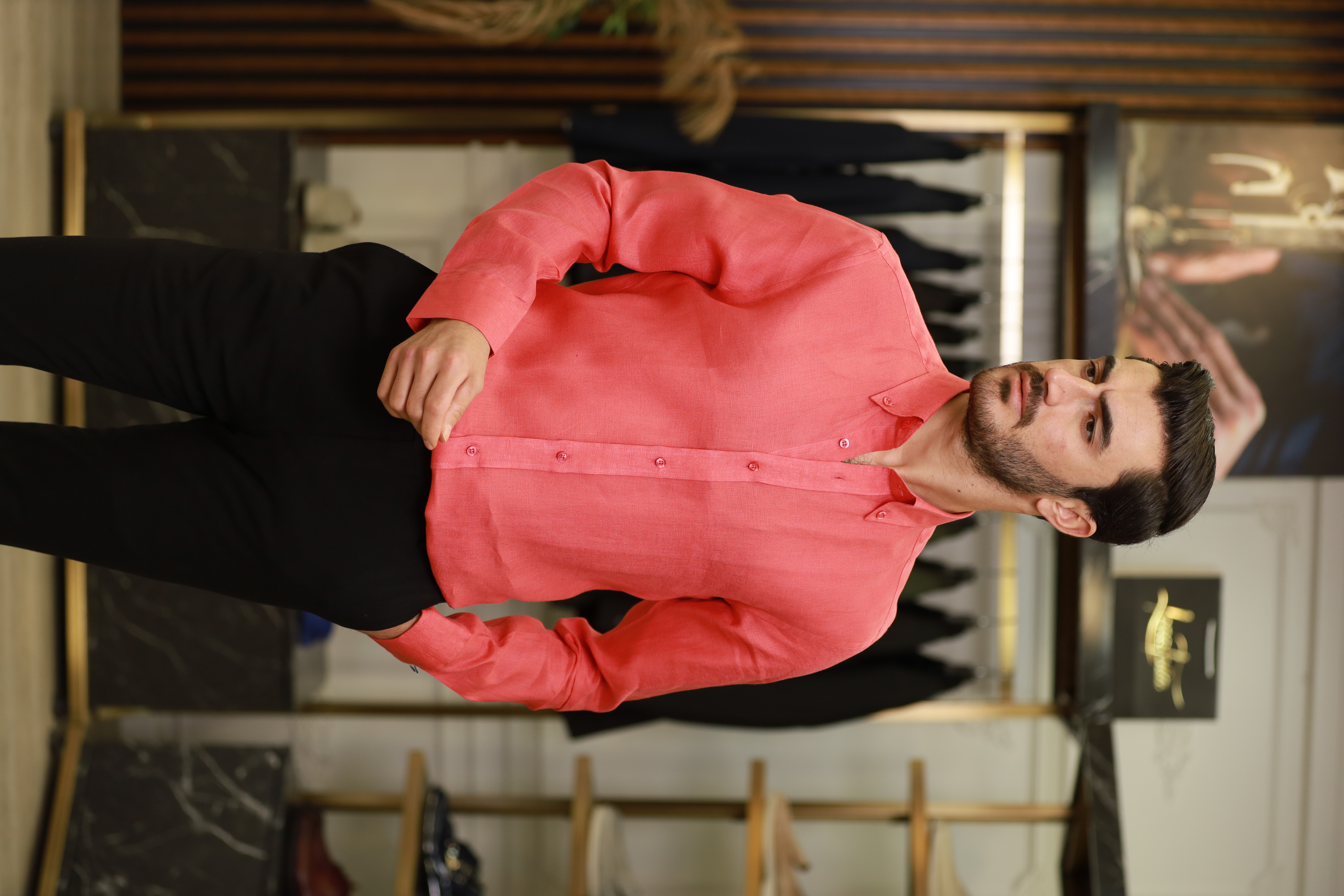 Erkek Regular Fit Keten Yaka Düğmeli Gömlek-Nar Çiçeği