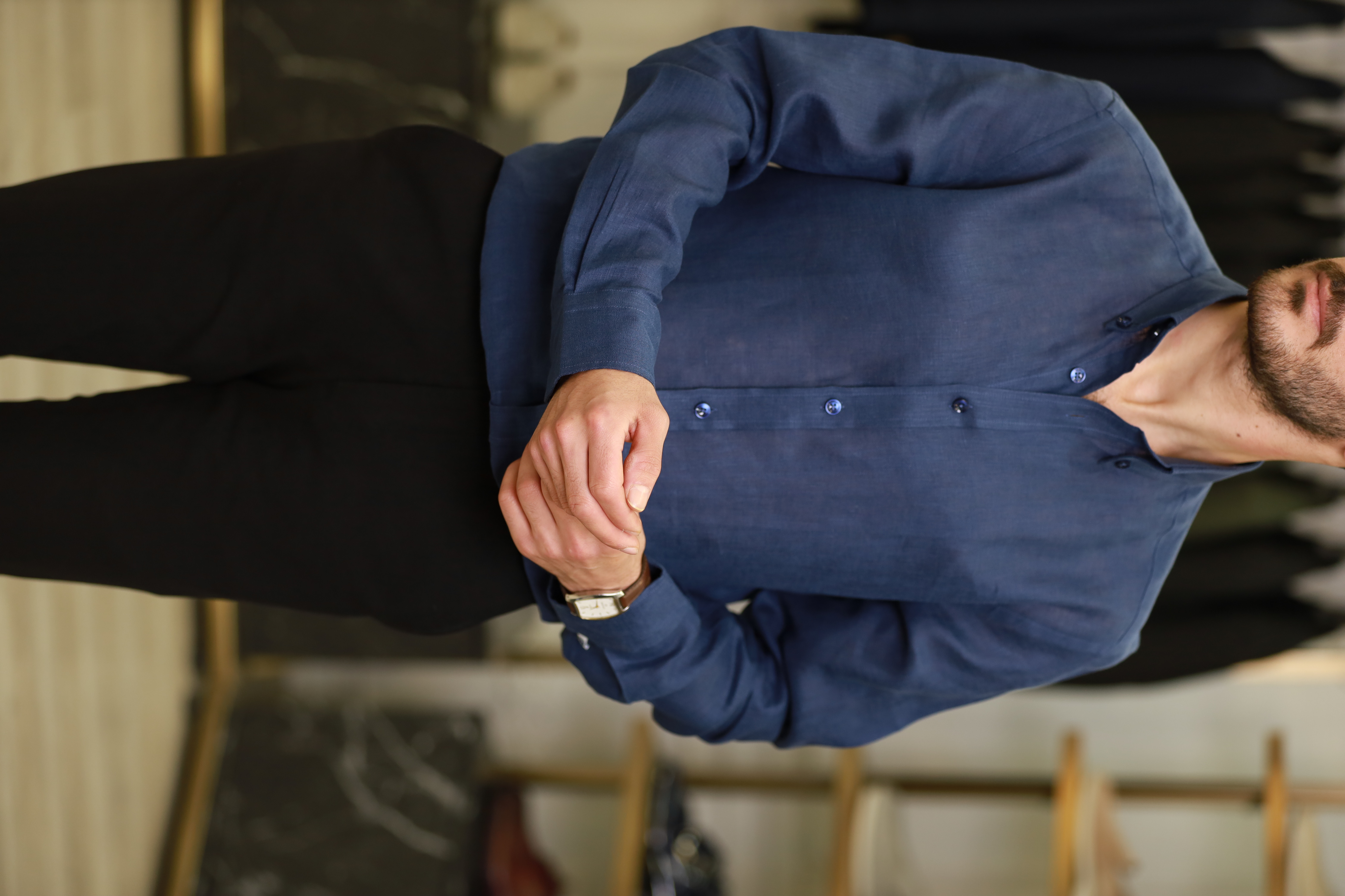 Erkek Regular Fit Keten Yaka Düğmeli Gömlek-Lacivert