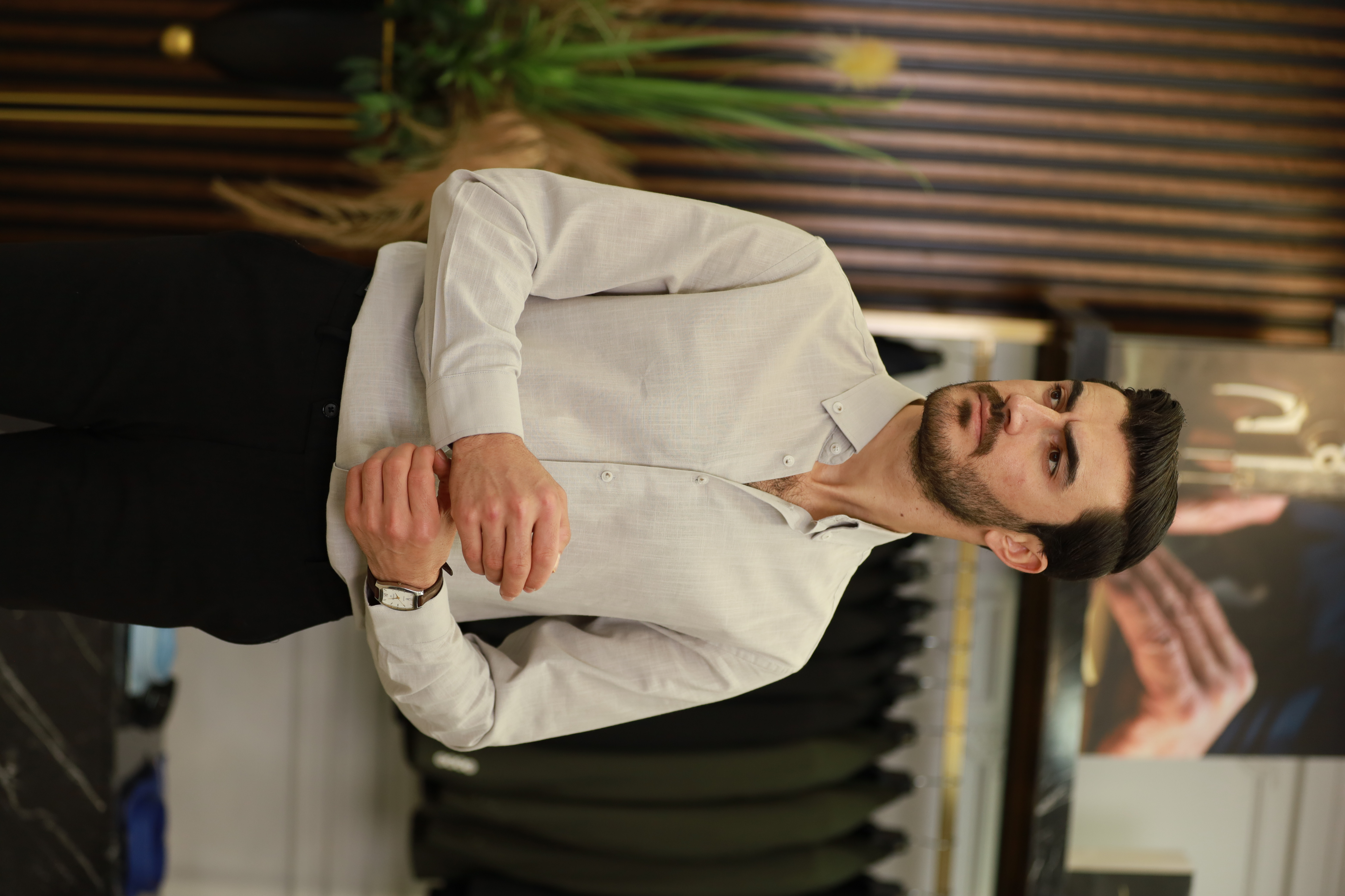 Erkek Regular Fit Keten Yaka Düğmeli Gömlek-Krem