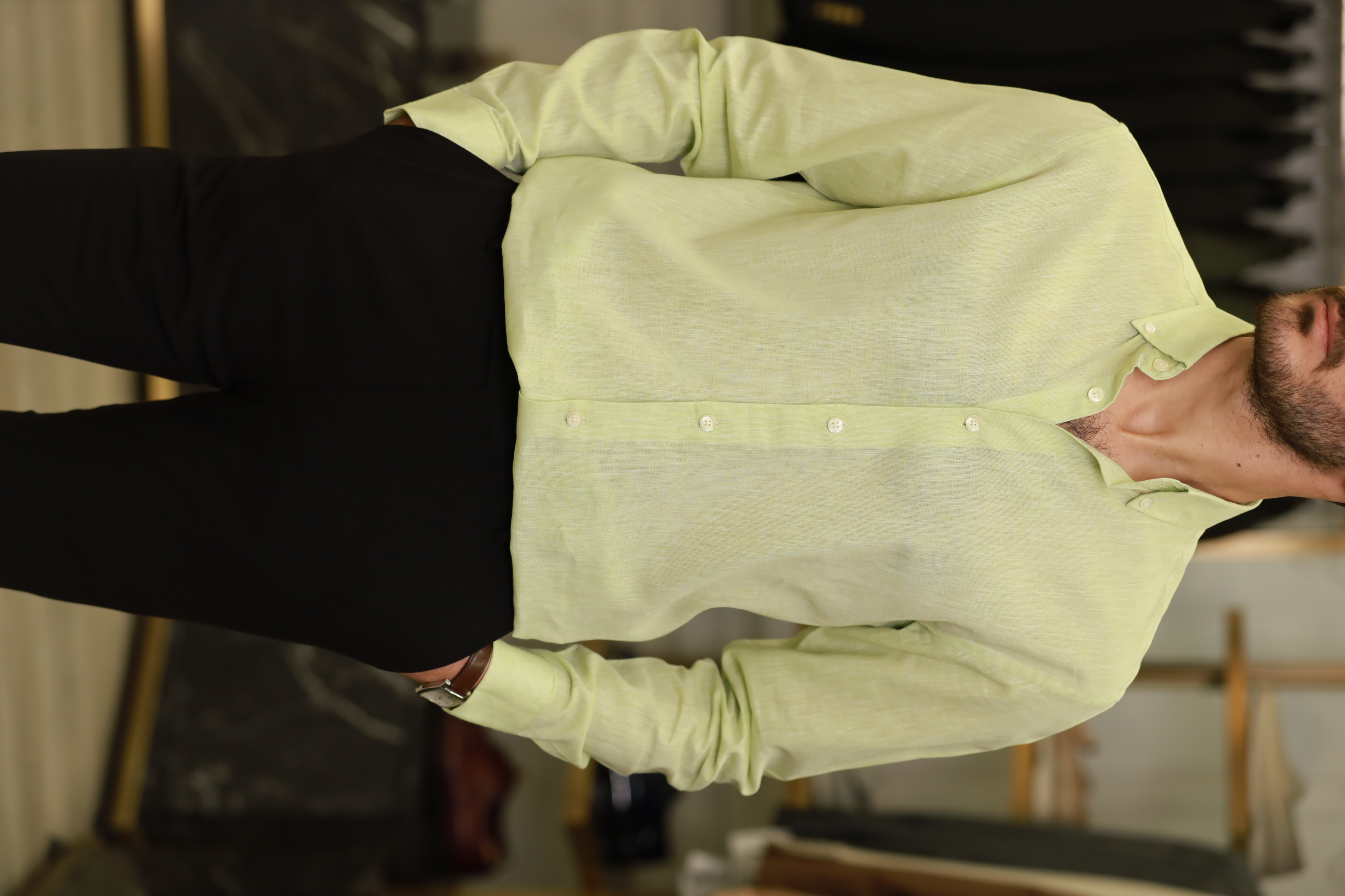 Erkek Regular Fit Keten Yaka Düğmeli Gömlek-Yeşil