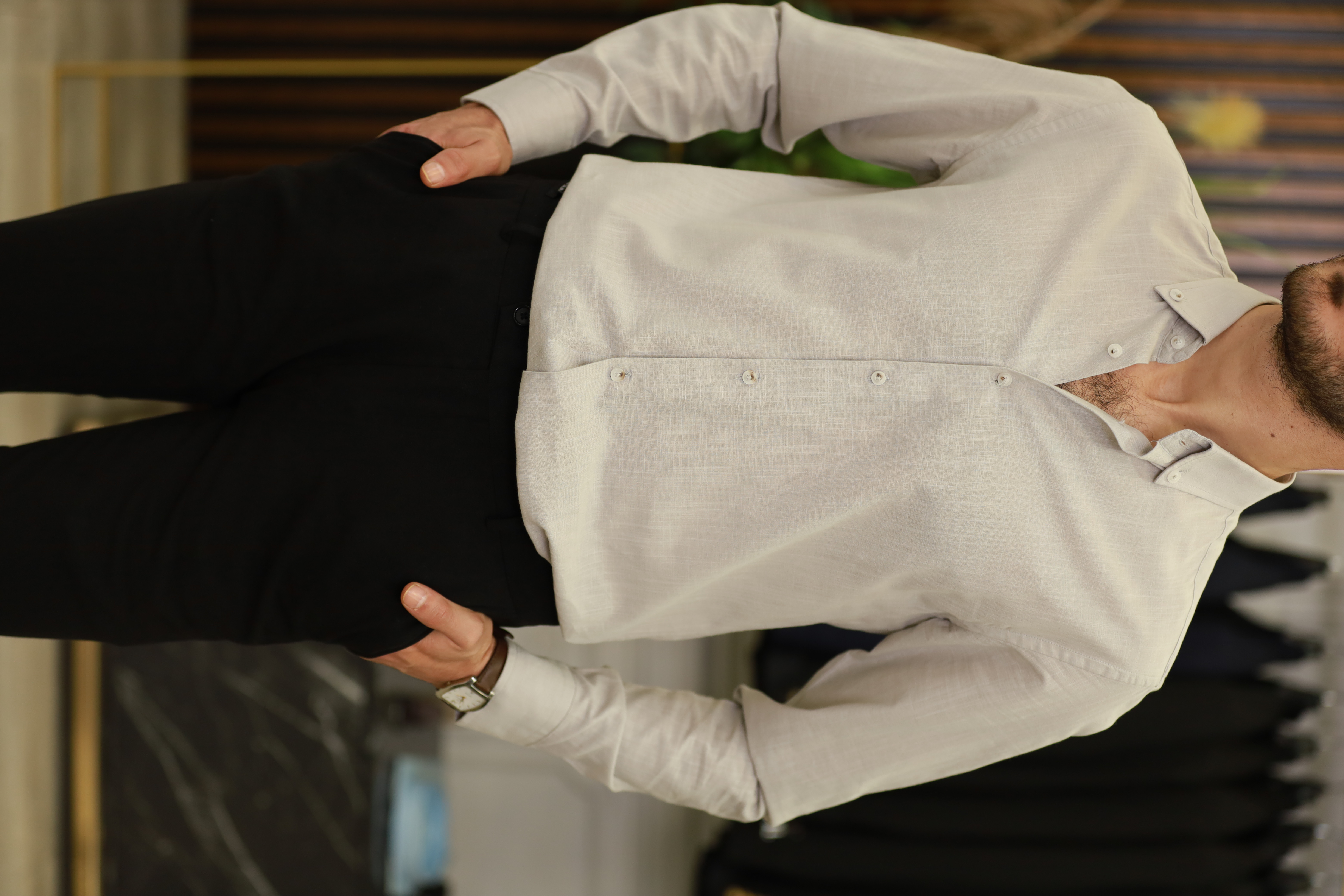 Erkek Regular Fit Keten Yaka Düğmeli Gömlek-Krem