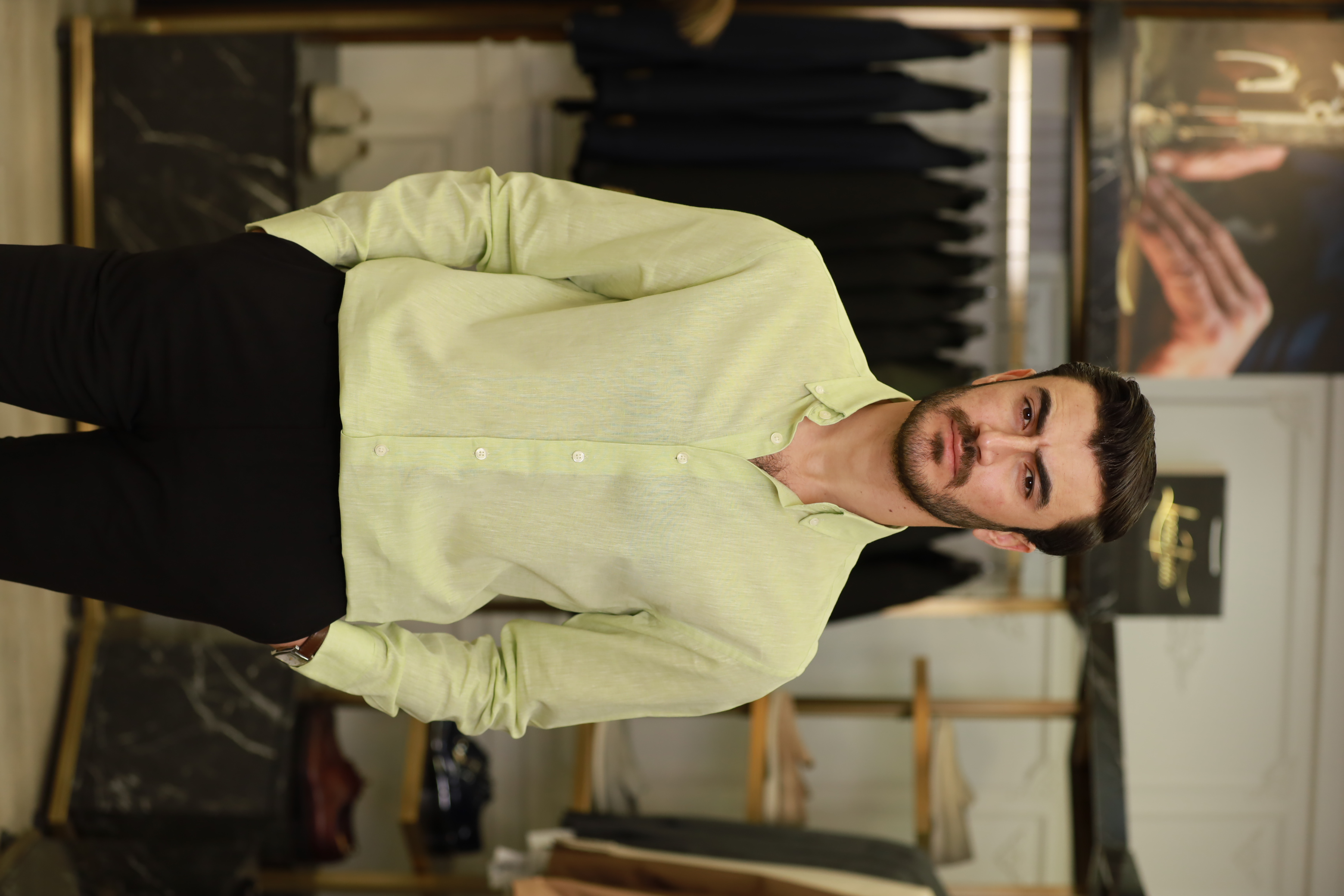 Erkek Regular Fit Keten Yaka Düğmeli Gömlek-Yeşil