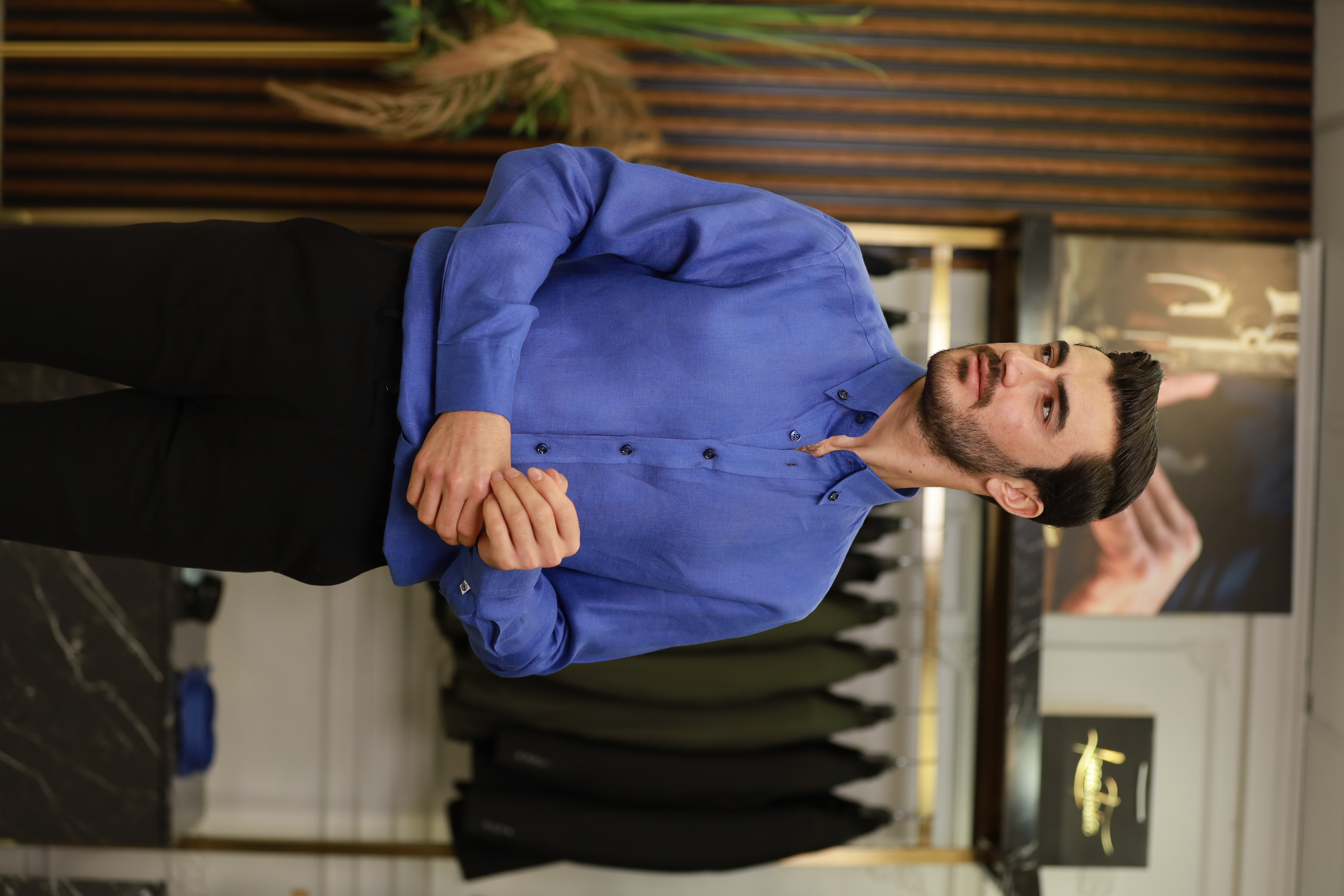 Erkek Regular Fit Keten Yaka Düğmeli Gömlek-Saks