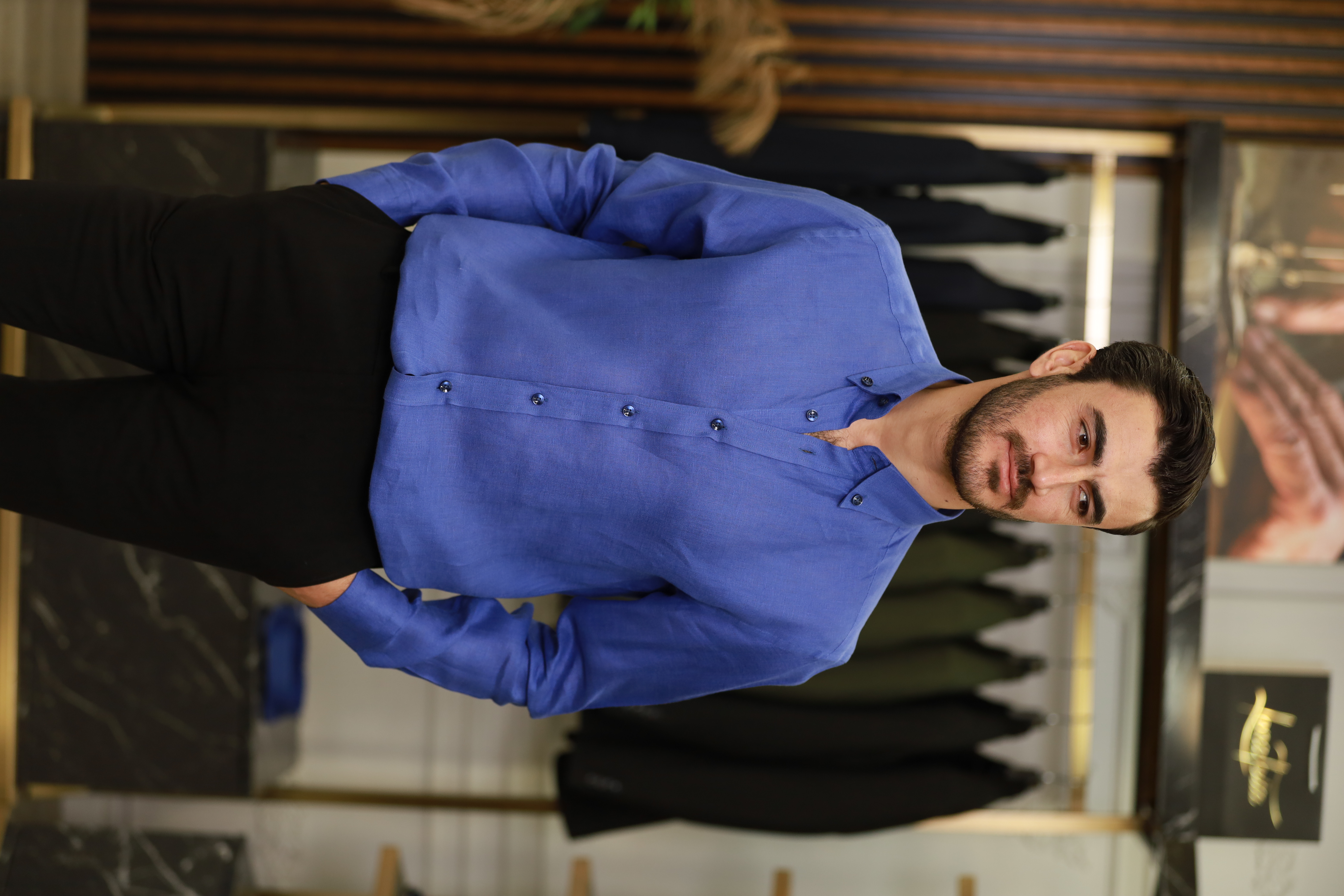 Erkek Regular Fit Keten Yaka Düğmeli Gömlek-Saks