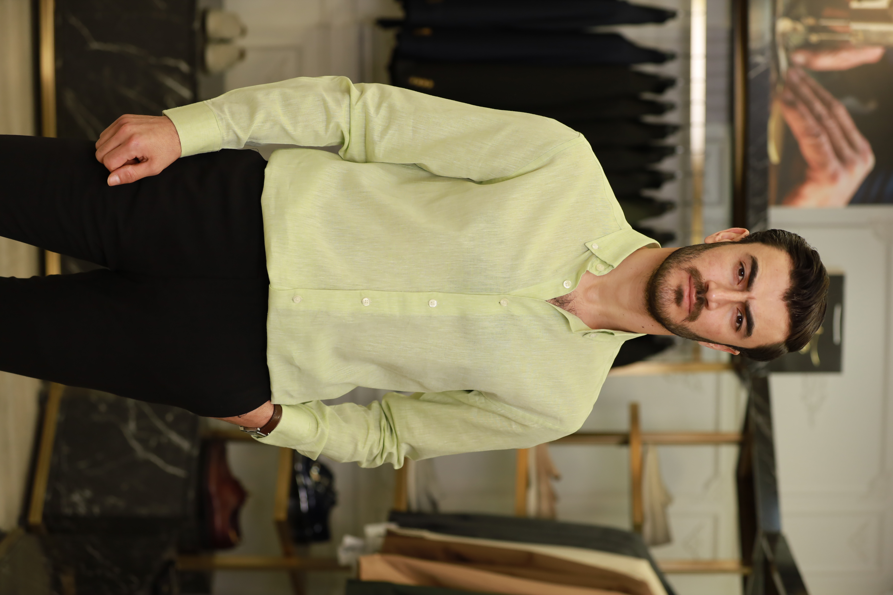 Erkek Regular Fit Keten Yaka Düğmeli Gömlek-Yeşil