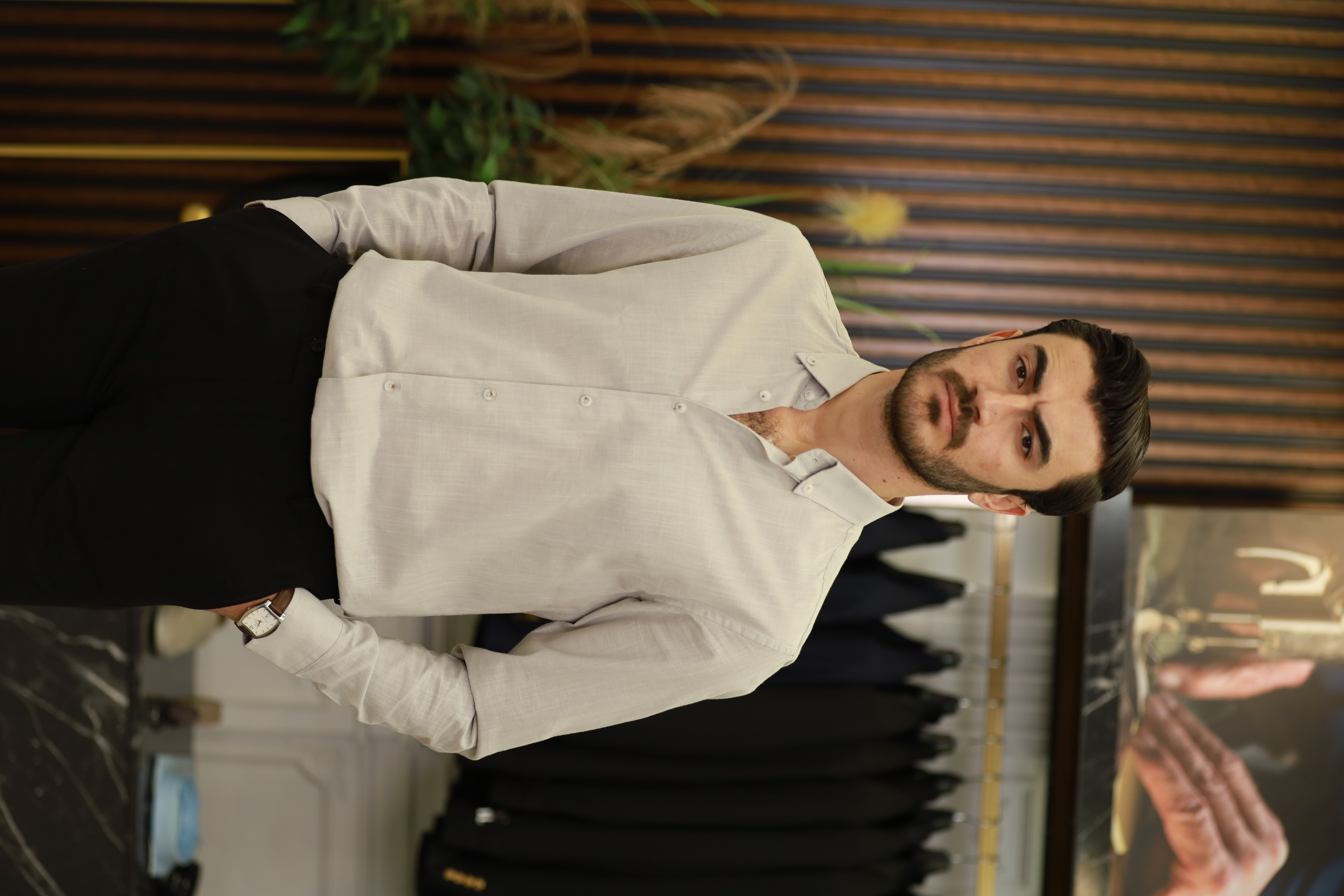 Erkek Regular Fit Keten Yaka Düğmeli Gömlek-Krem