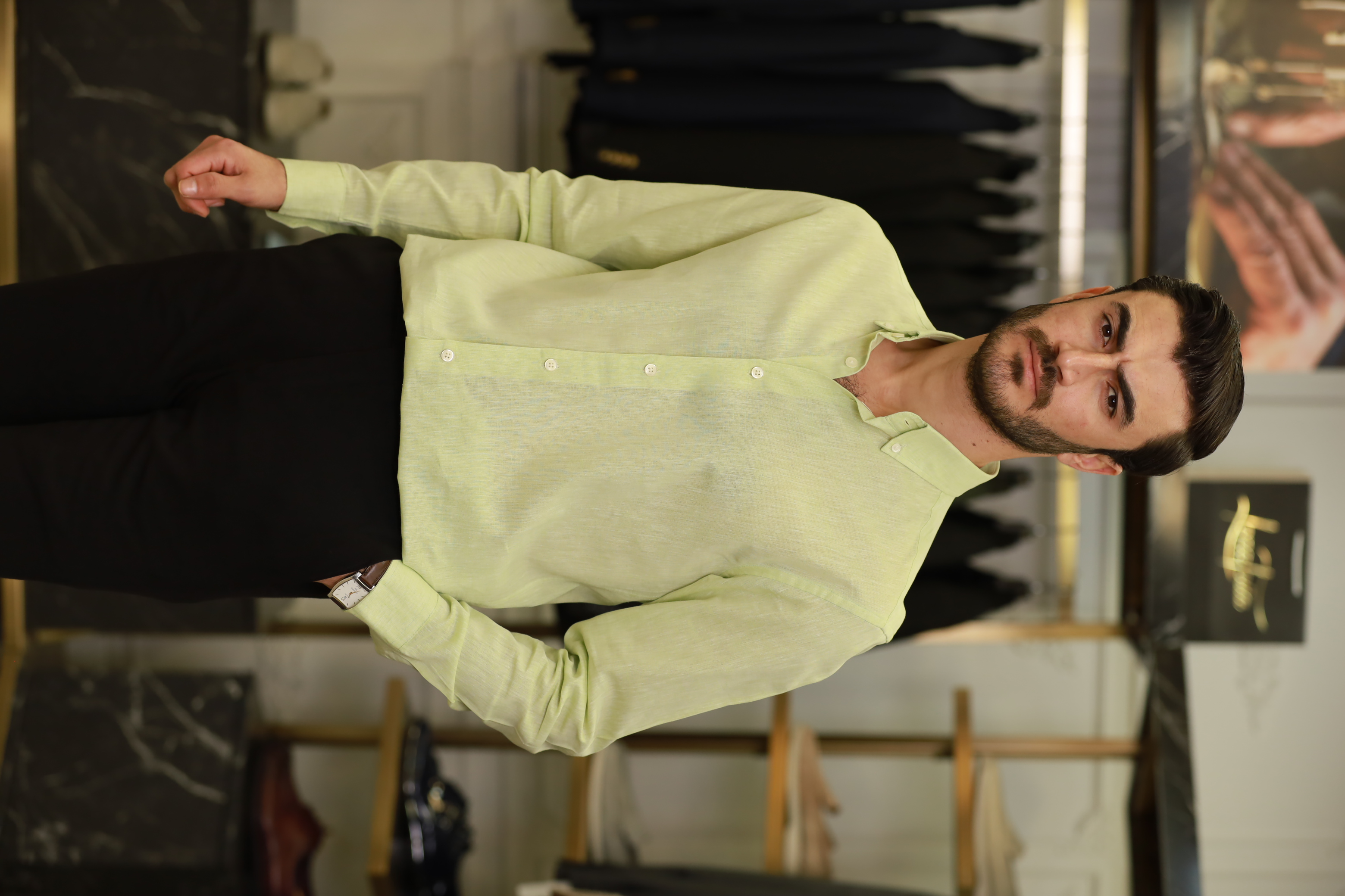 Erkek Regular Fit Keten Yaka Düğmeli Gömlek-Yeşil