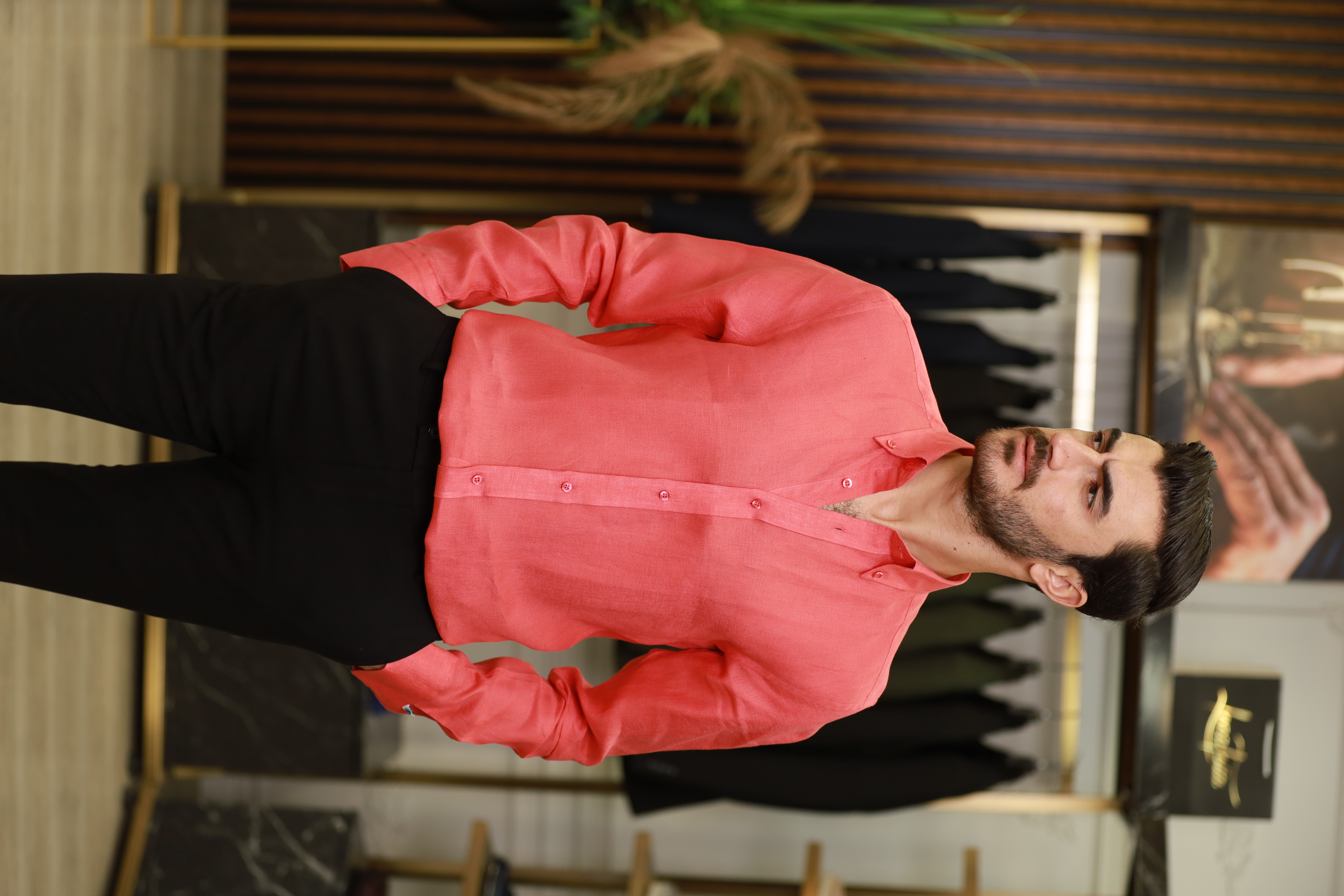 Erkek Regular Fit Keten Yaka Düğmeli Gömlek-Nar Çiçeği