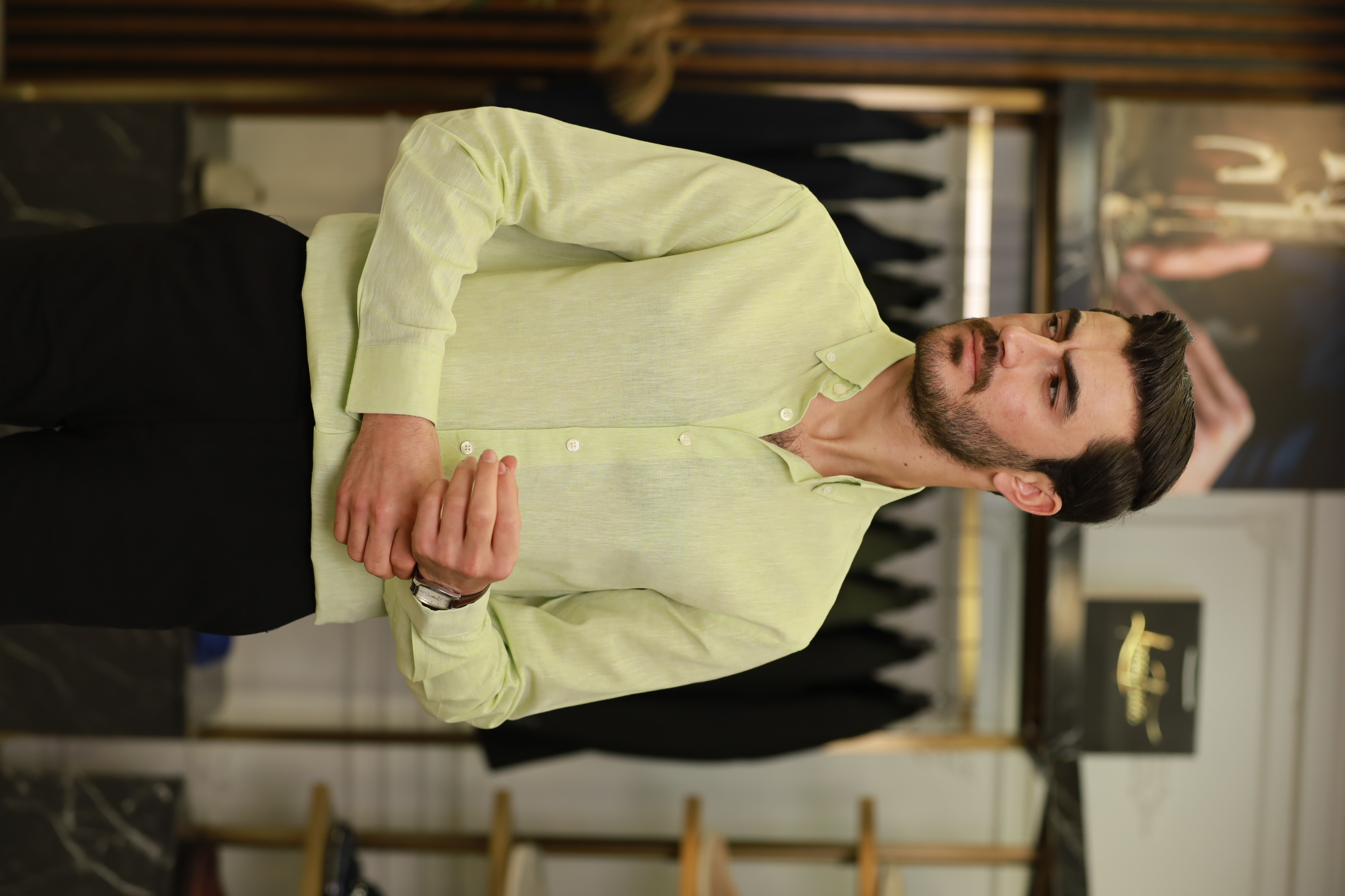 Erkek Regular Fit Keten Yaka Düğmeli Gömlek-Yeşil