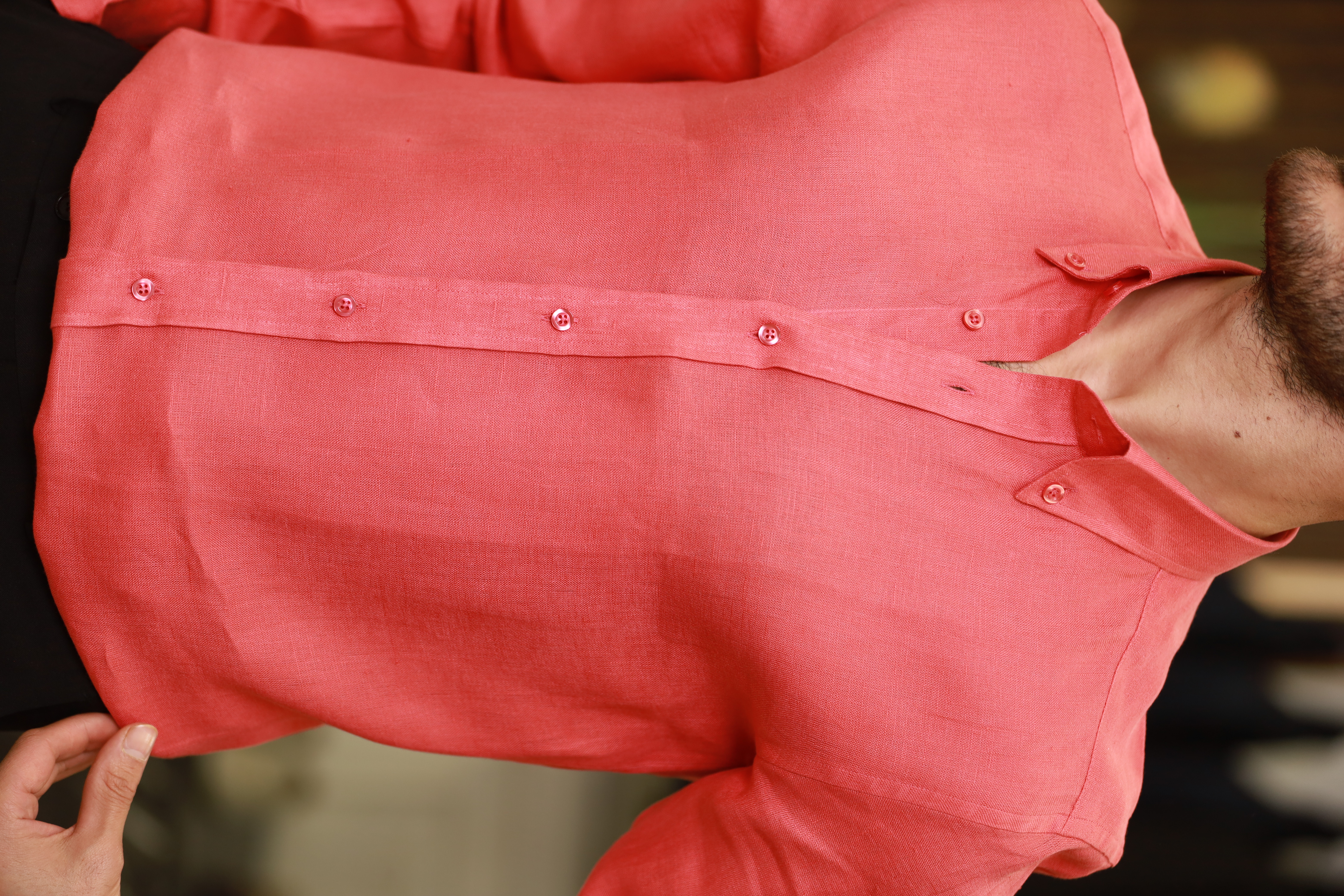 Erkek Regular Fit Keten Yaka Düğmeli Gömlek-Nar Çiçeği