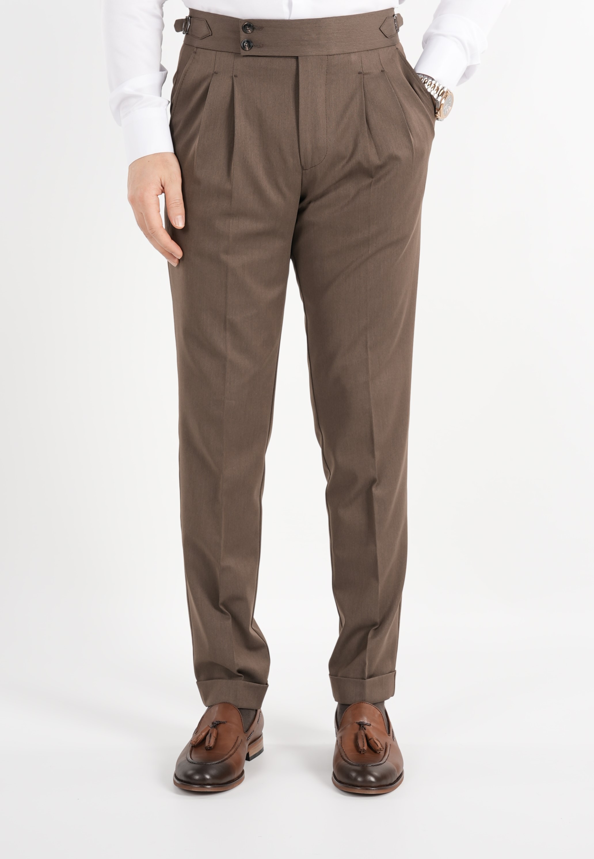 Erkek Regular Fit Yüksek Bel Piliseli-Tokalı Kumaş Pantolon - Sütlü Kahve