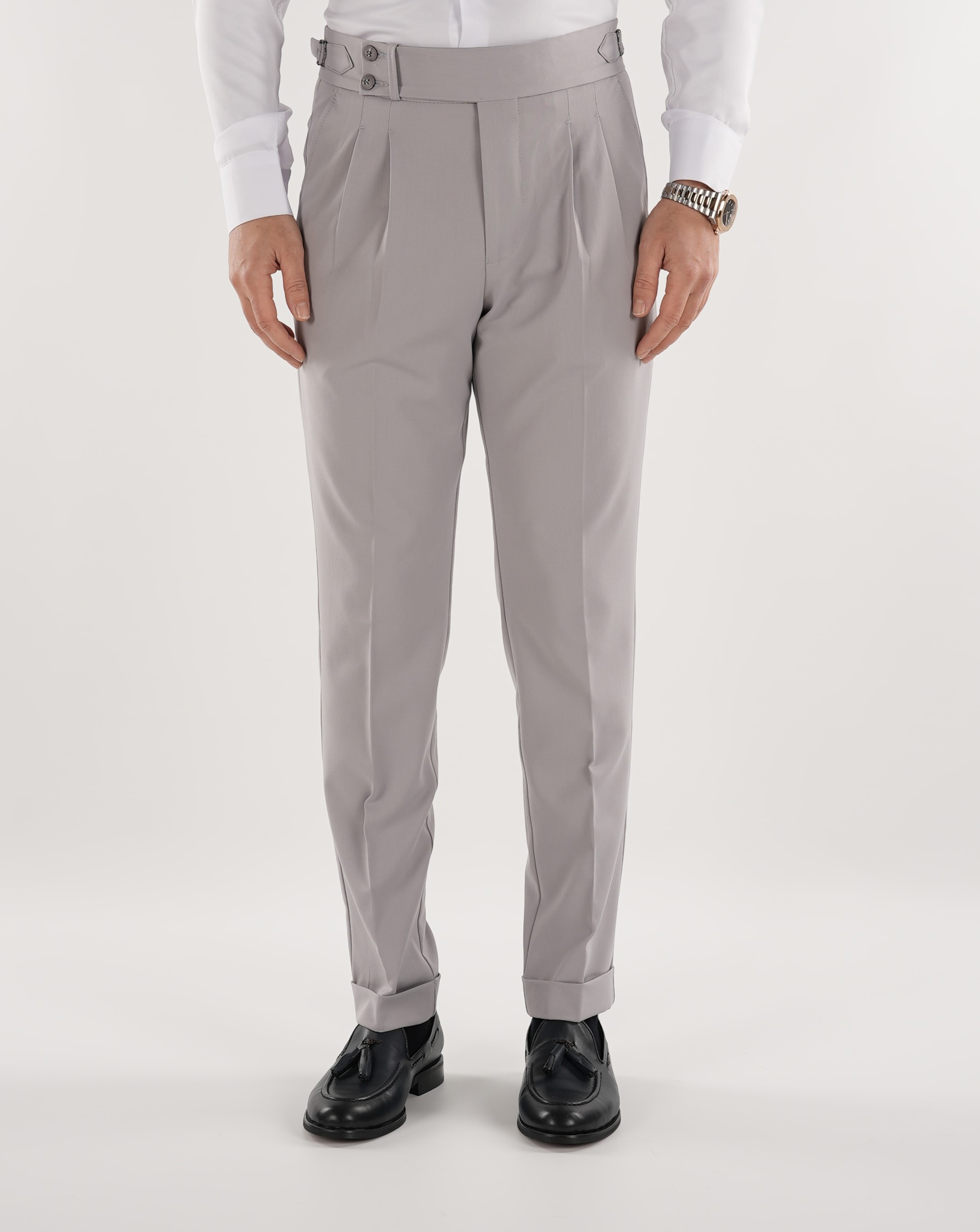 Erkek Regular Fit Yüksek Bel Piliseli Tokalı Kumaş Pantolon - Acık Gri