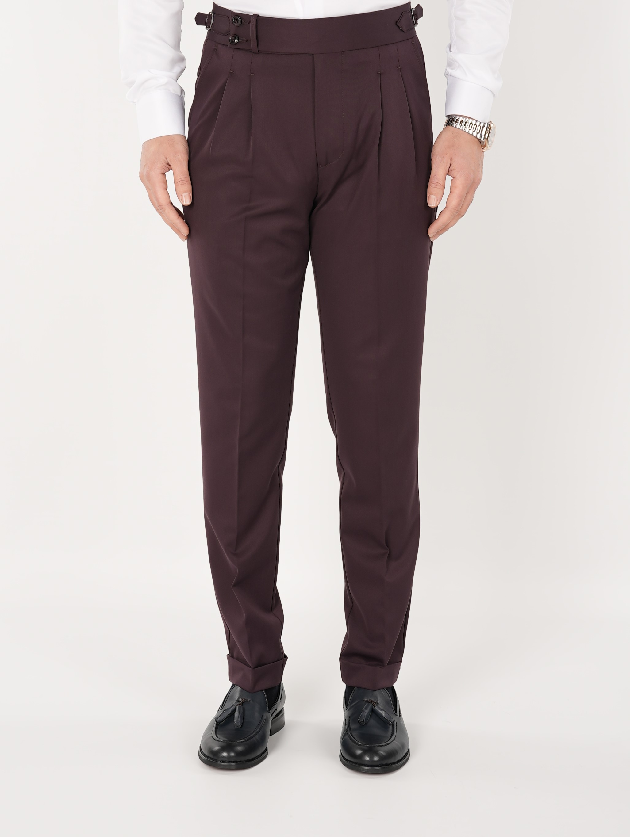 Erkek Regular Fit Yüksek Bel Piliseli Tokalı Kumaş Pantolon - Bordo