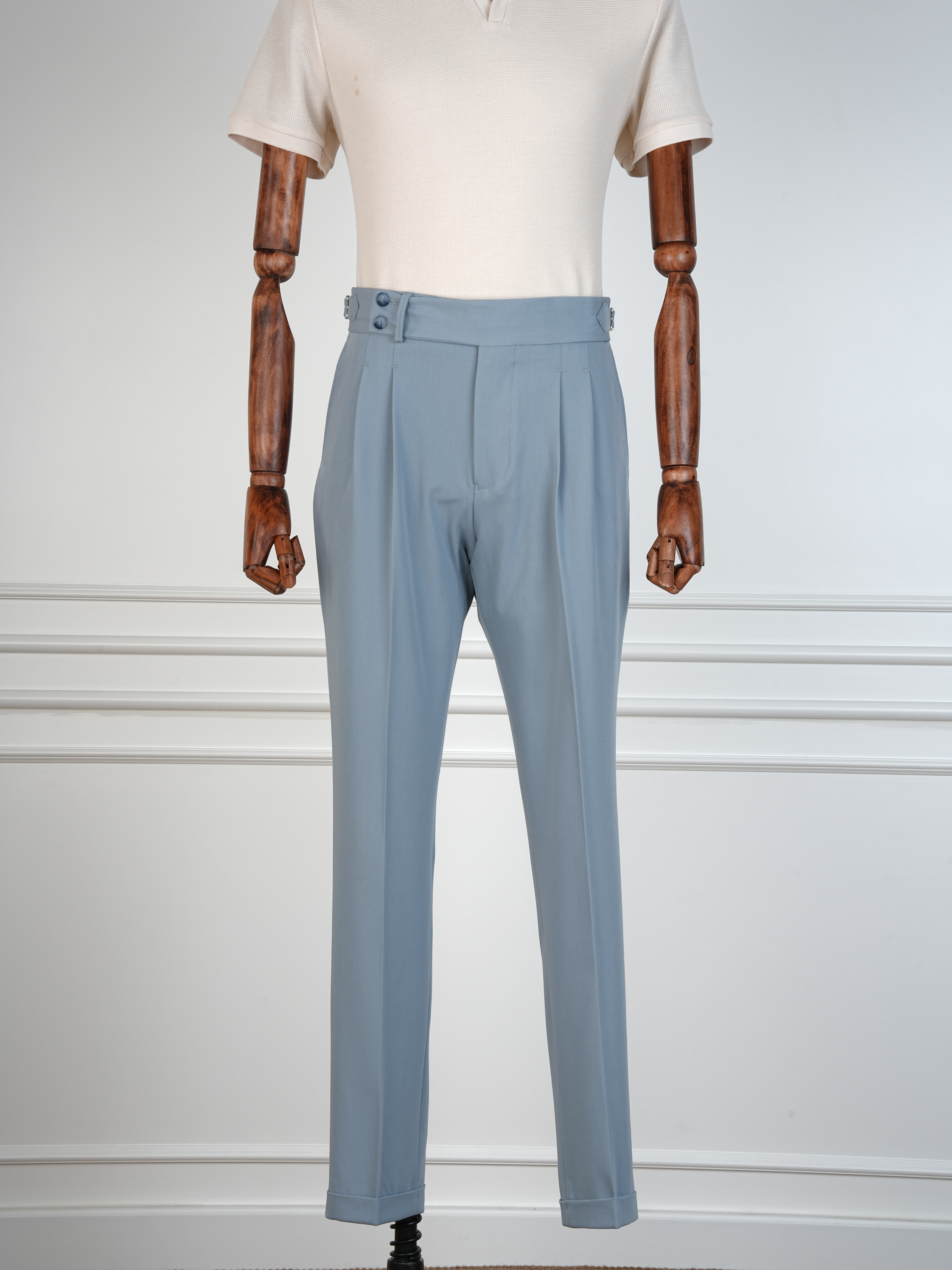 Erkek Regular Fit Yüksek Bel Piliseli Tokalı Kumaş Pantolon - Buz Mavisi