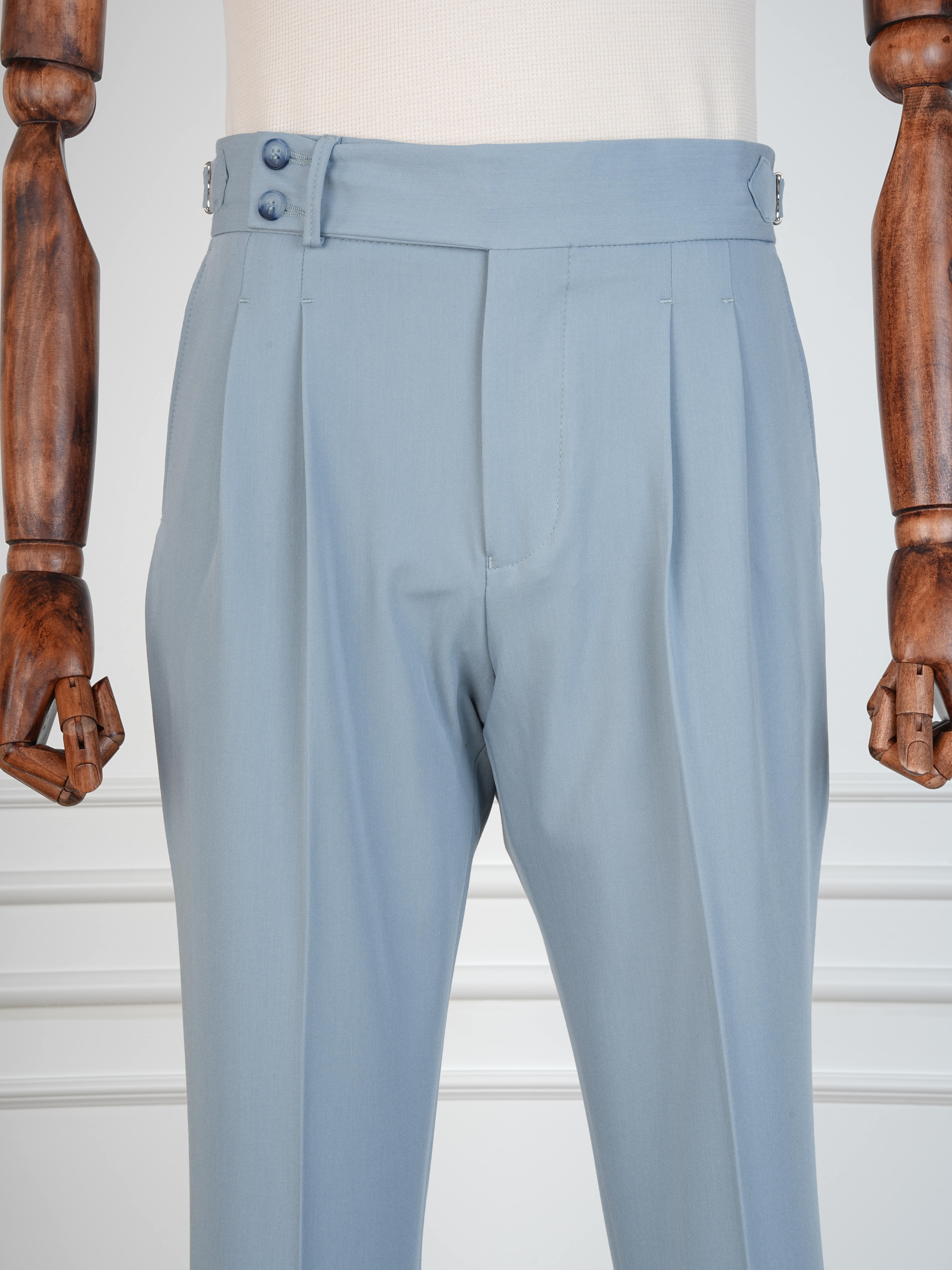 Erkek Regular Fit Yüksek Bel Piliseli Tokalı Kumaş Pantolon - Buz Mavisi