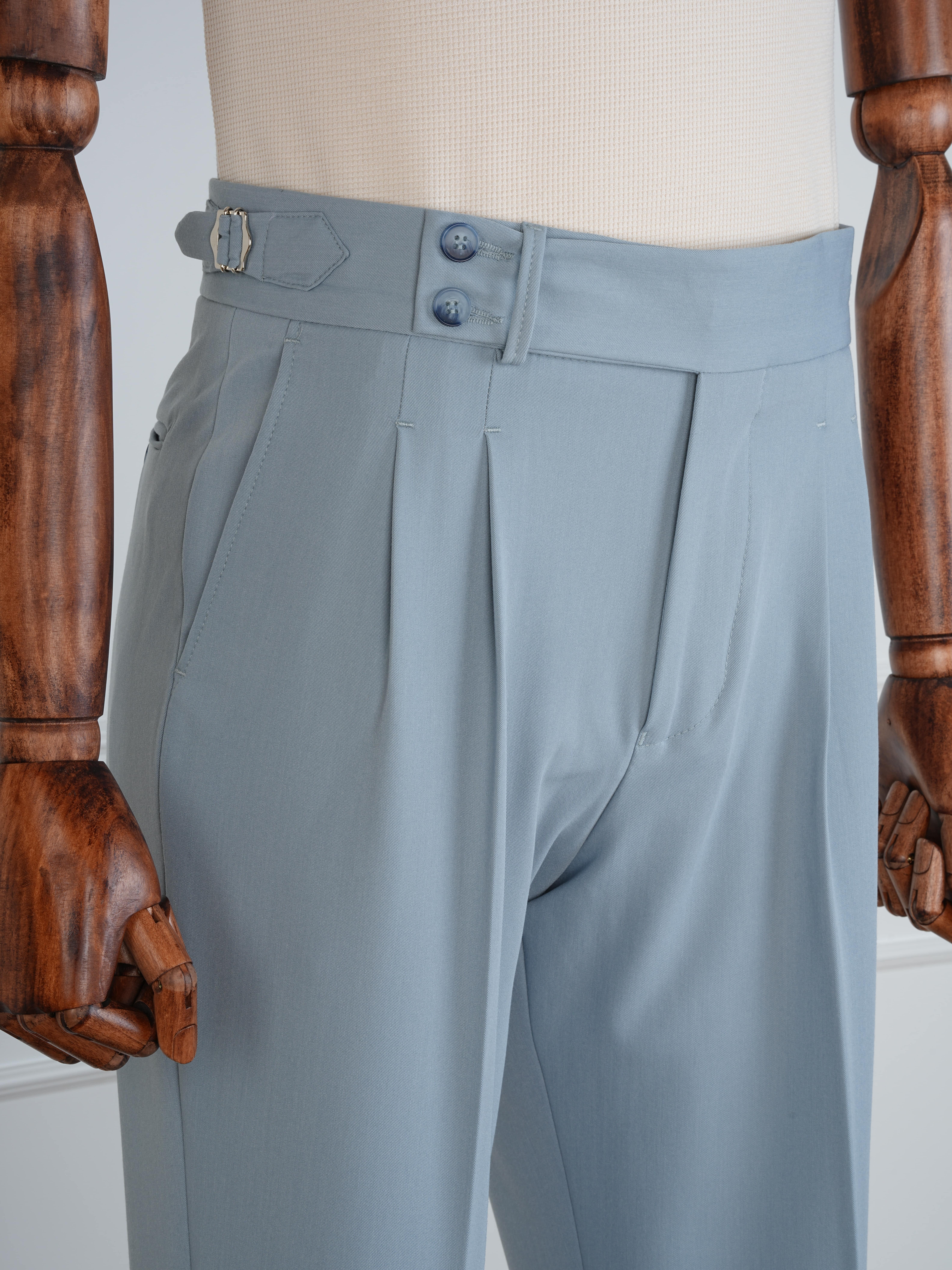 Erkek Regular Fit Yüksek Bel Piliseli Tokalı Kumaş Pantolon - Buz Mavisi