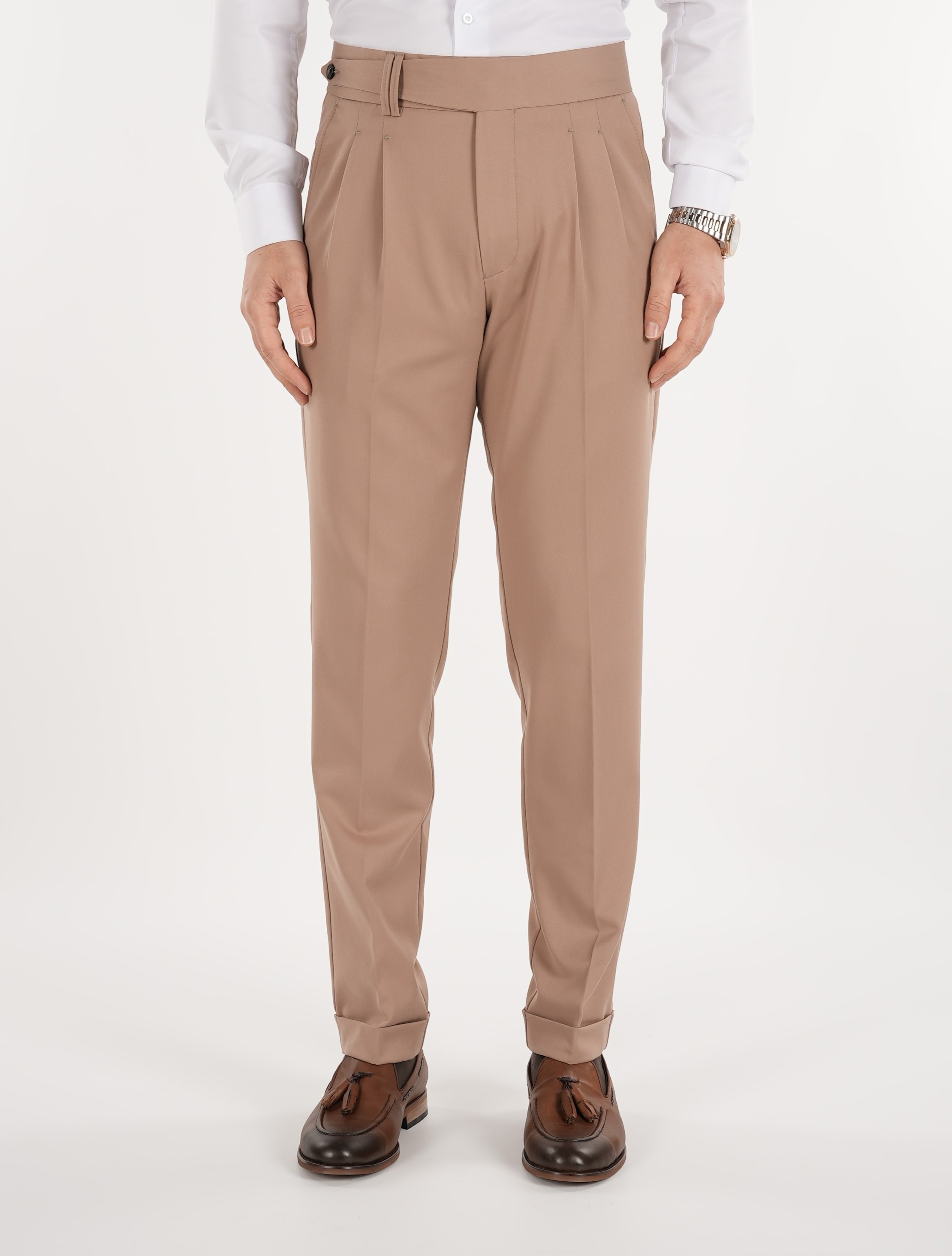 Erkek Regular Fit Yüksek Bel Piliseli Kumaş Pantolon - Taba