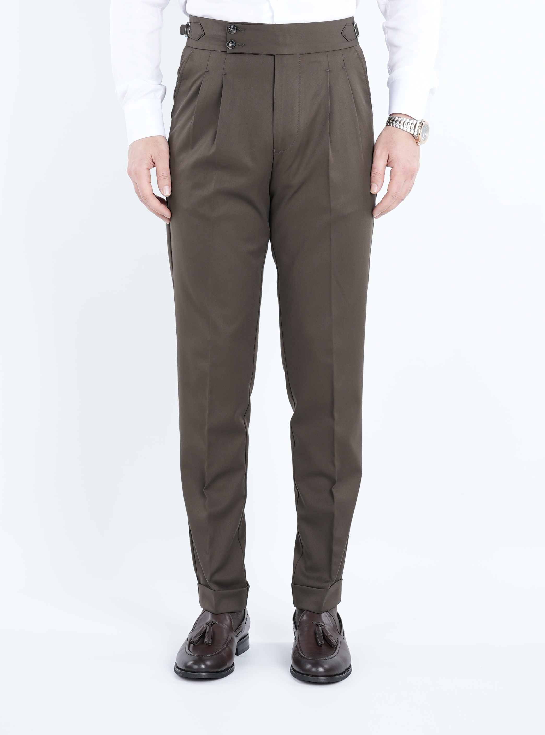 Erkek Regular Fit Yüksek Bel Piliseli-Tokalı Kumaş Pantolon - Haki