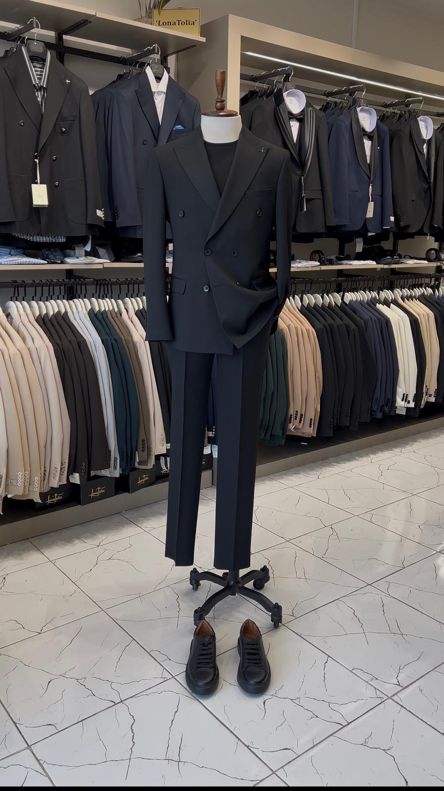 Erkek Slim Fit İtalyan Stil Kruvaze Takım Elbise - Ceket Pantolon - Siyah
