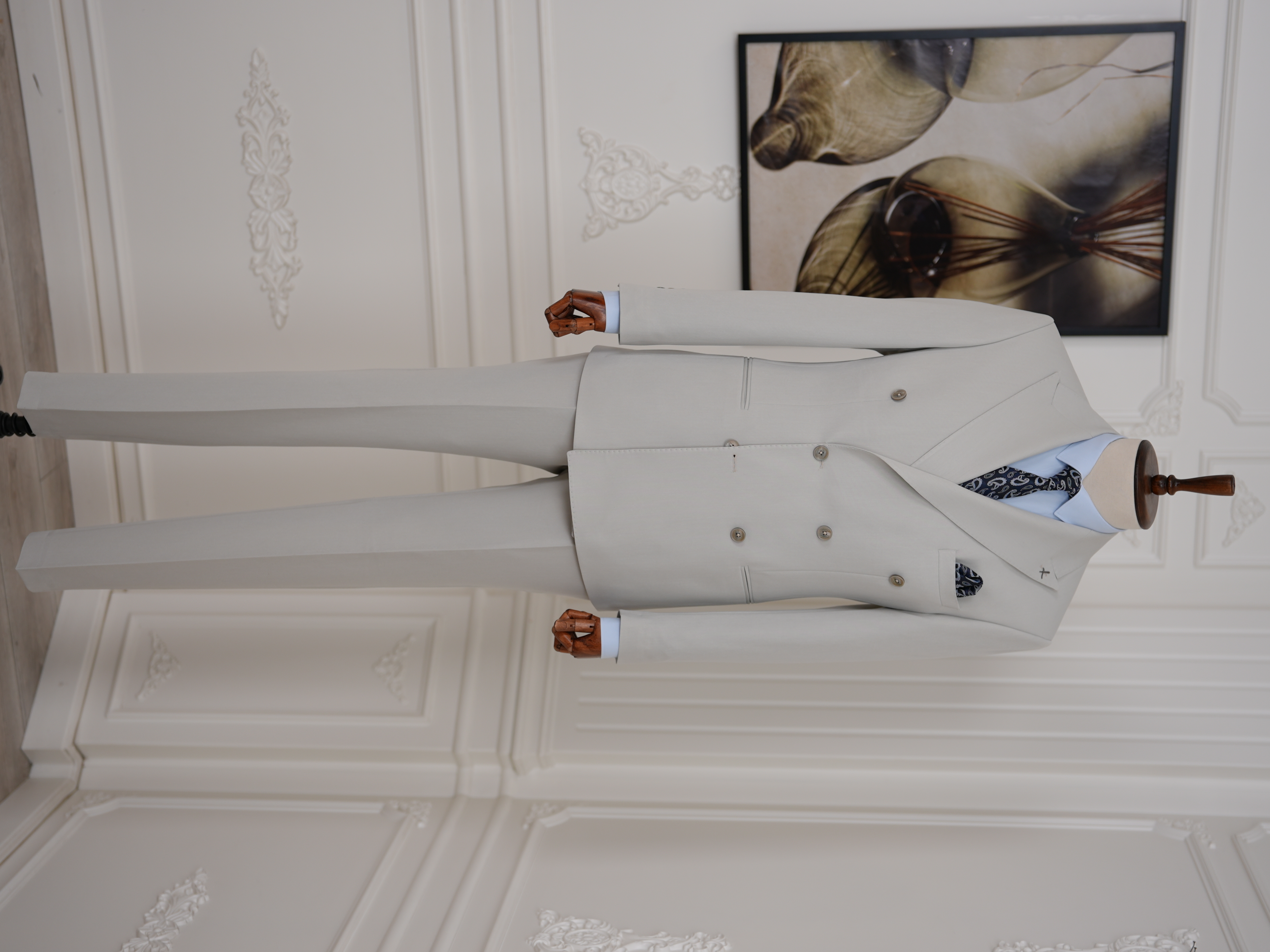 Erkek Slim Fit İtalyan Stil Kruvaze Takım Elbise Ceket Pantolon - Taş