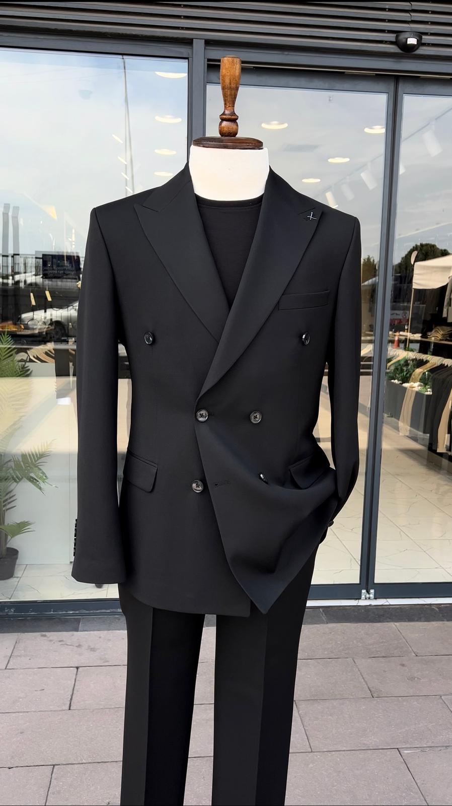 Erkek Slim Fit İtalyan Stil Kruvaze Takım Elbise - Ceket Pantolon - Siyah