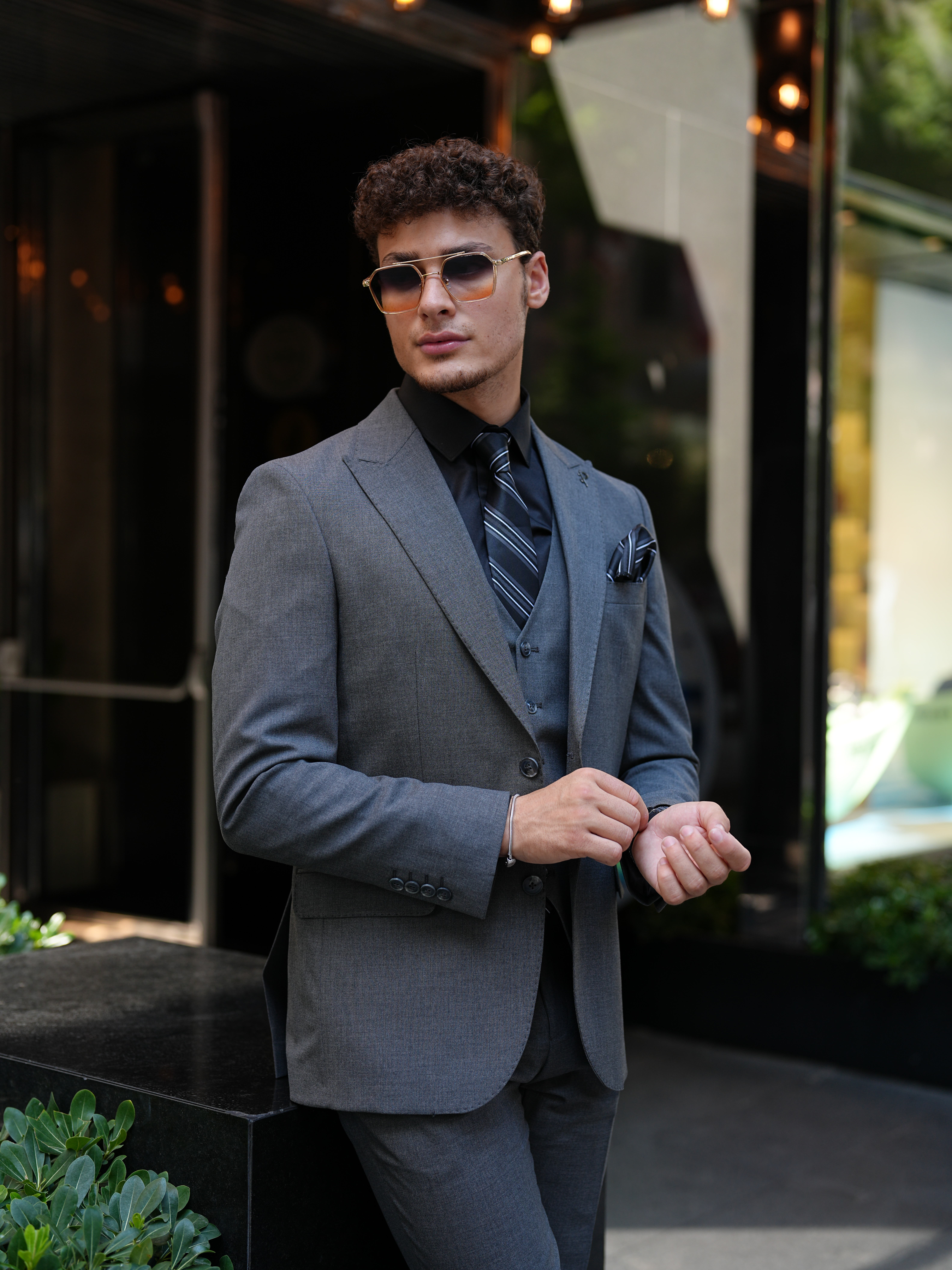 Erkek Slim Fit İtalyan Stil Takım Elbise - Füme