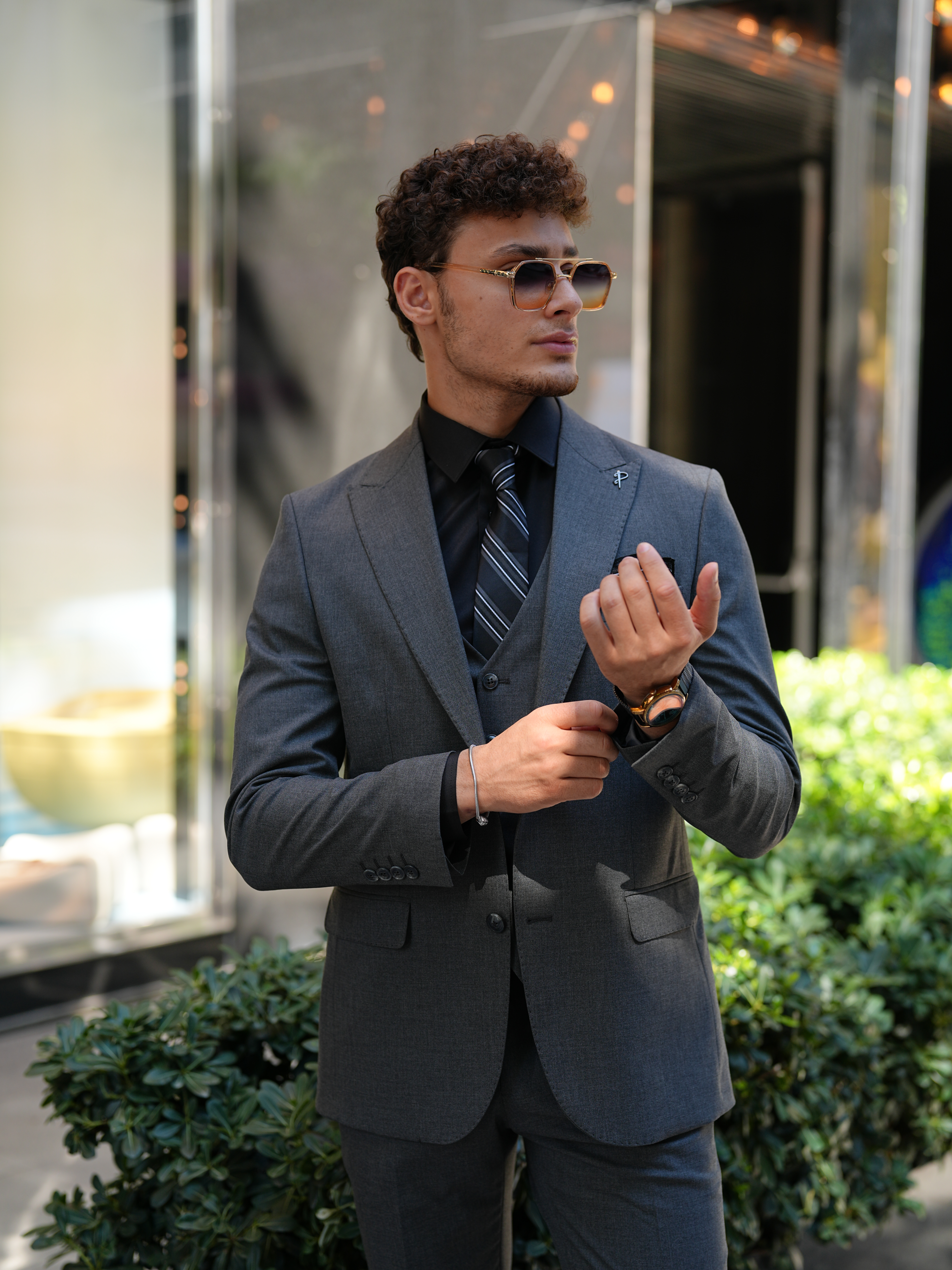 Erkek Slim Fit İtalyan Stil Takım Elbise - Füme