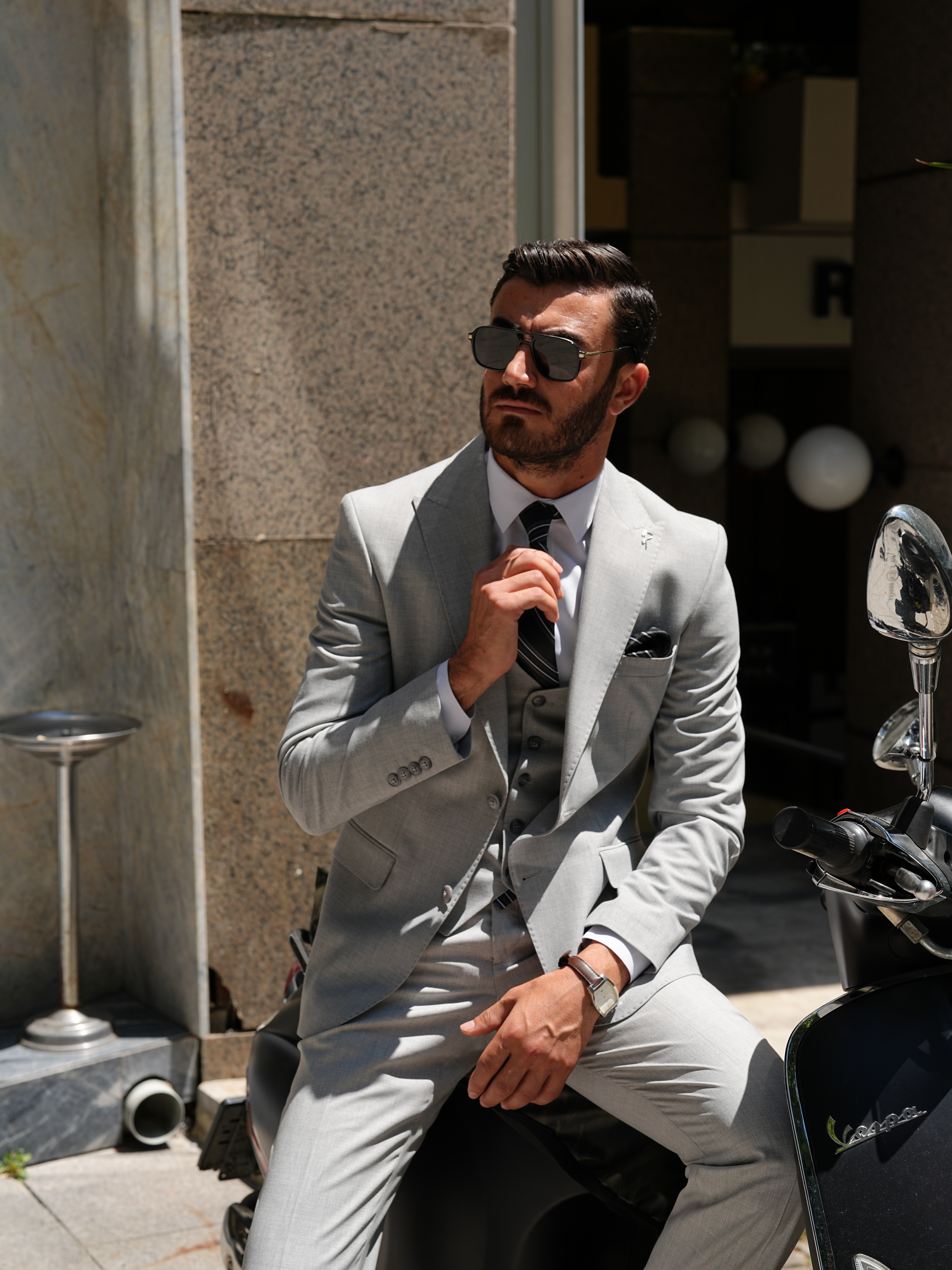Erkek Slim Fit İtalyan Stil Takım Elbise - Açık gri