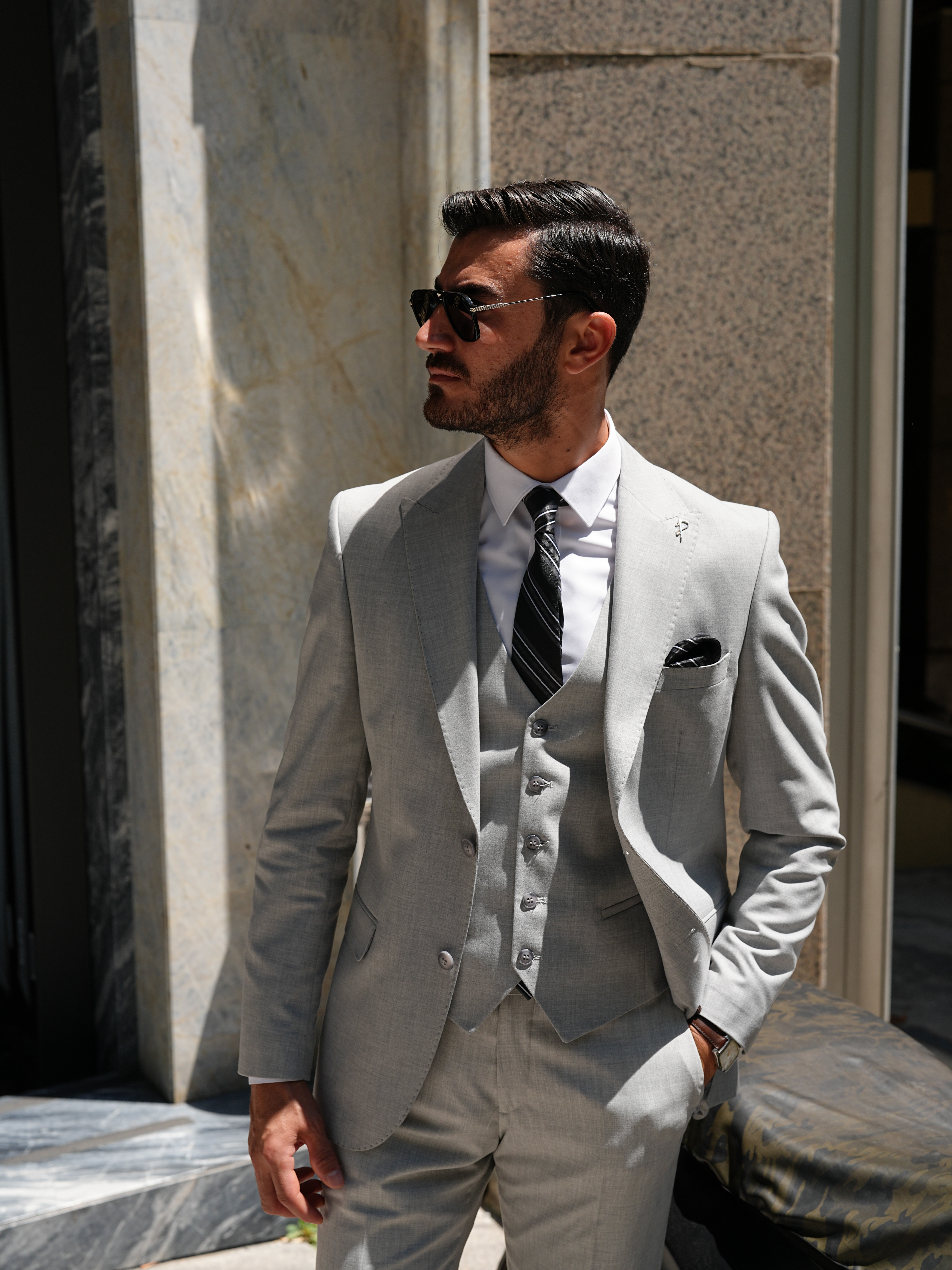 Erkek Slim Fit İtalyan Stil Takım Elbise - Açık gri