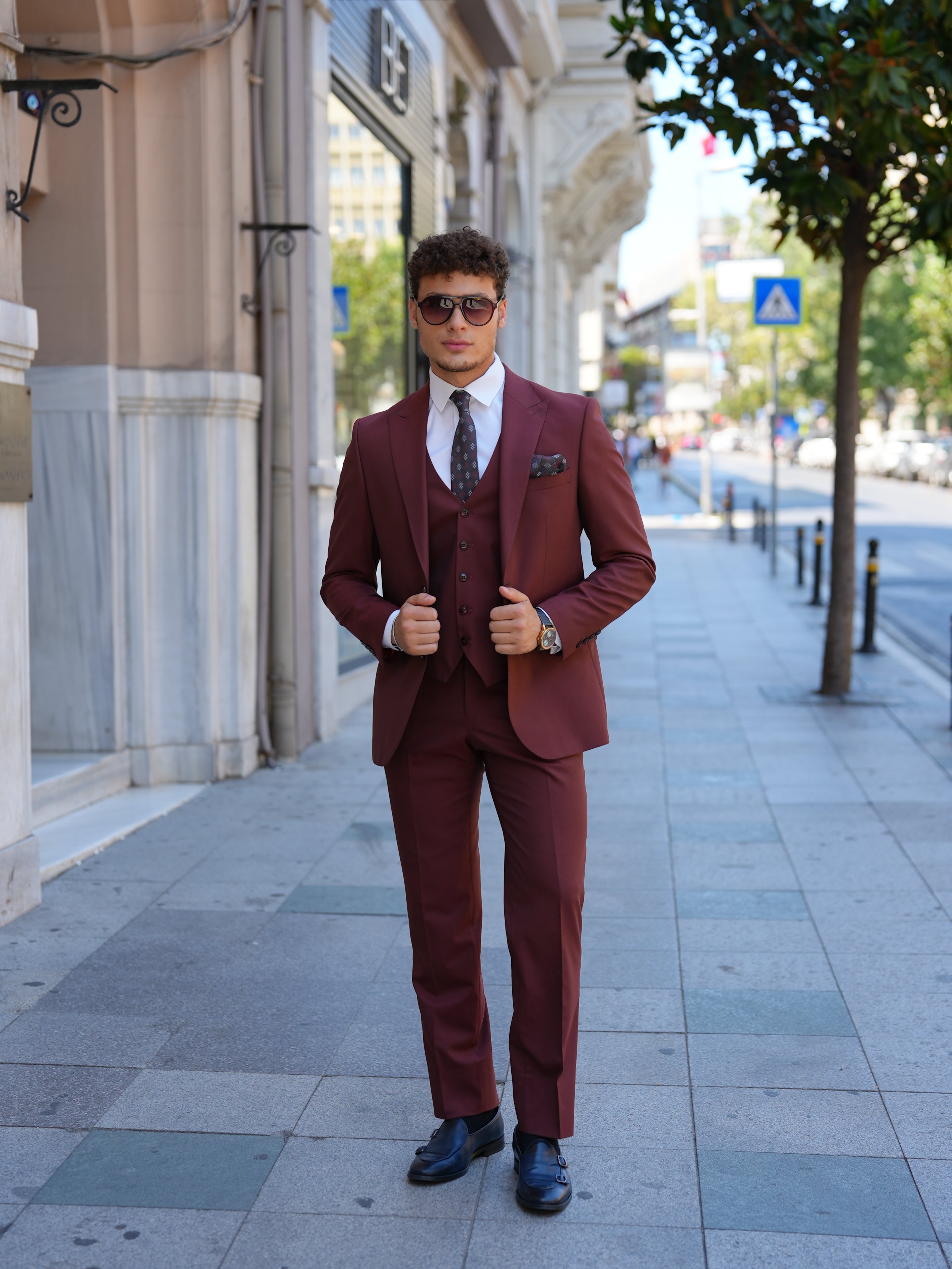 Erkek Slim Fit İtalyan Stil Takım Elbise - Kiremit