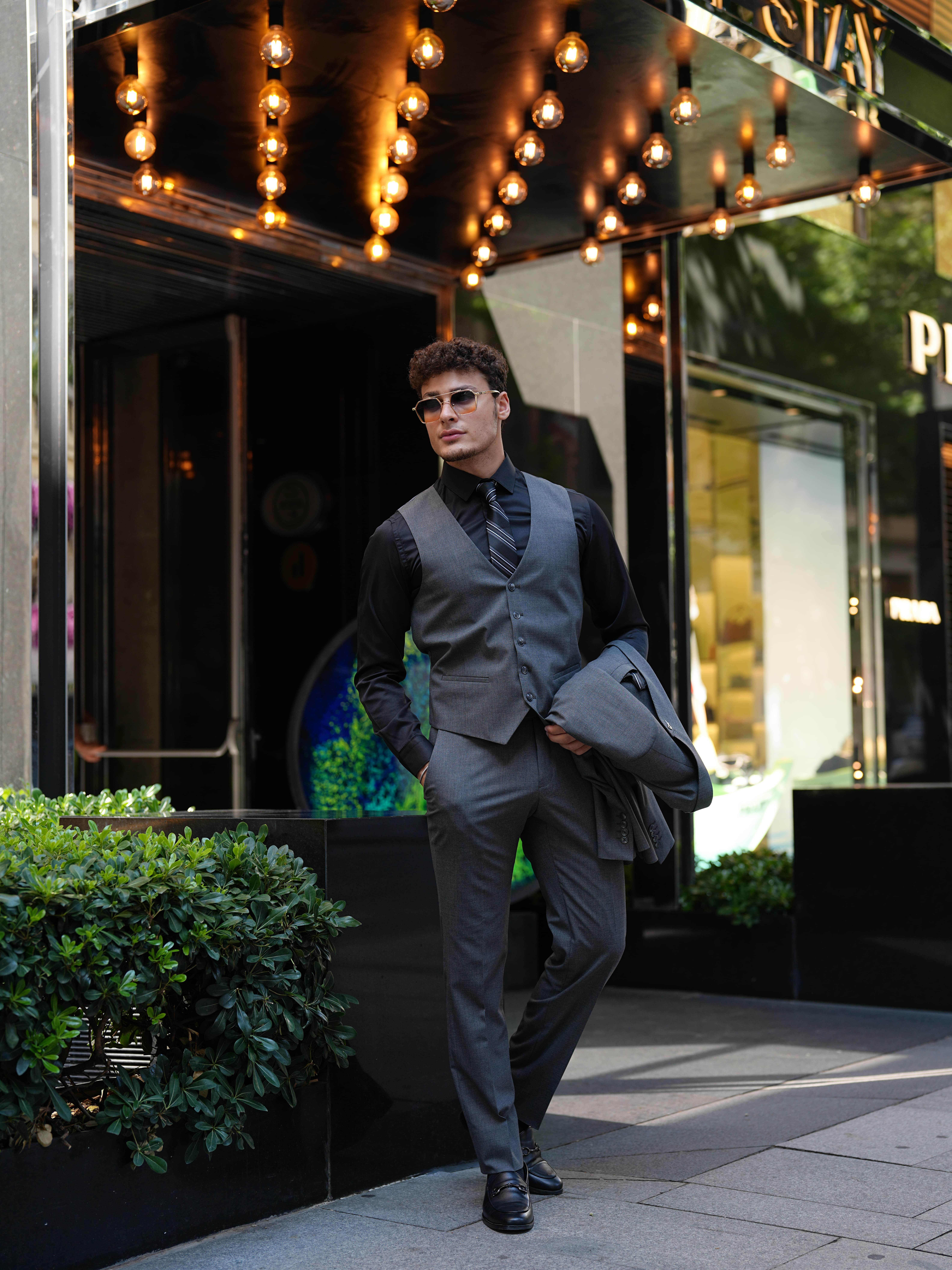 Erkek Slim Fit İtalyan Stil Takım Elbise - Füme