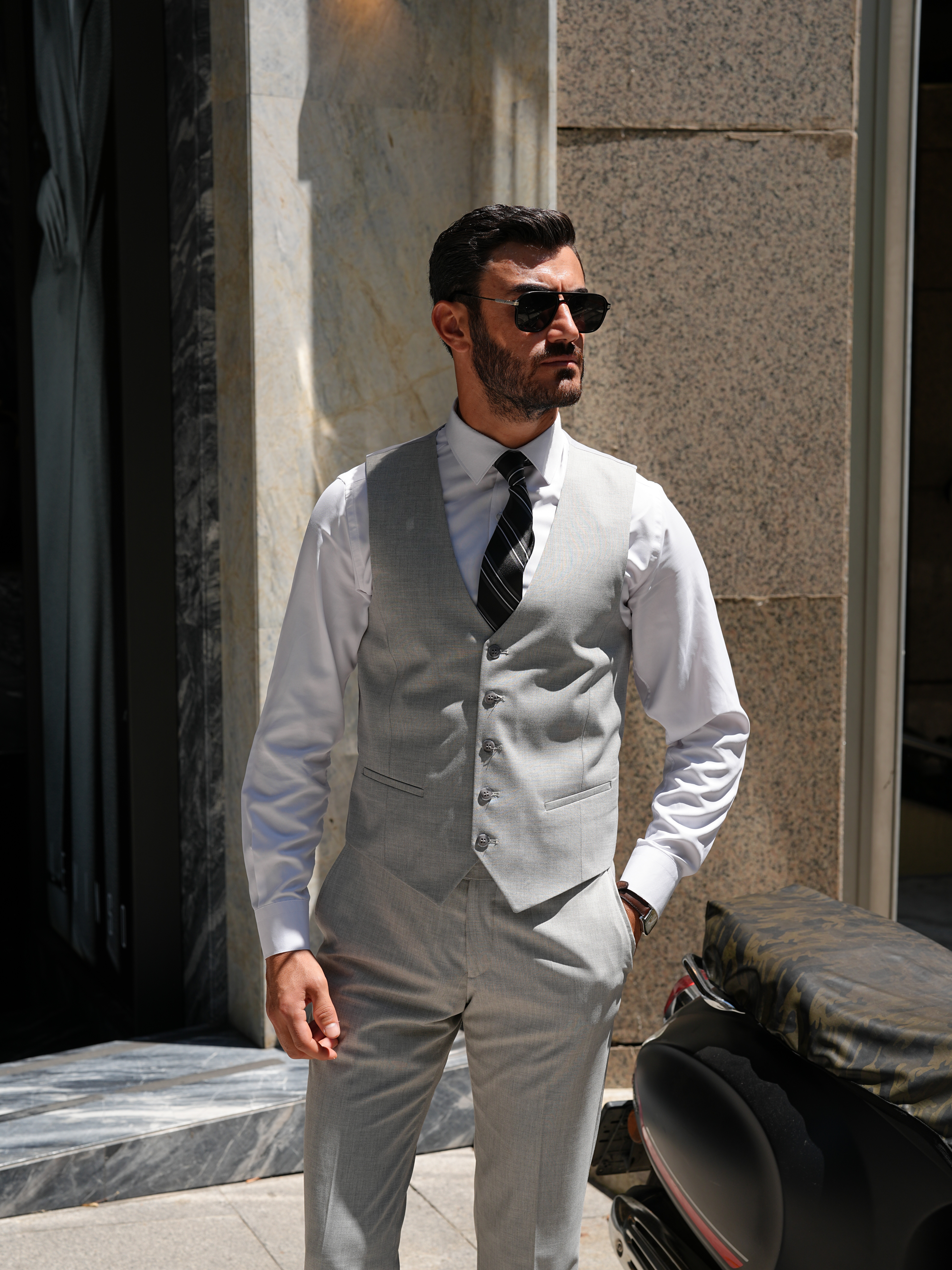 Erkek Slim Fit İtalyan Stil Takım Elbise - Açık gri