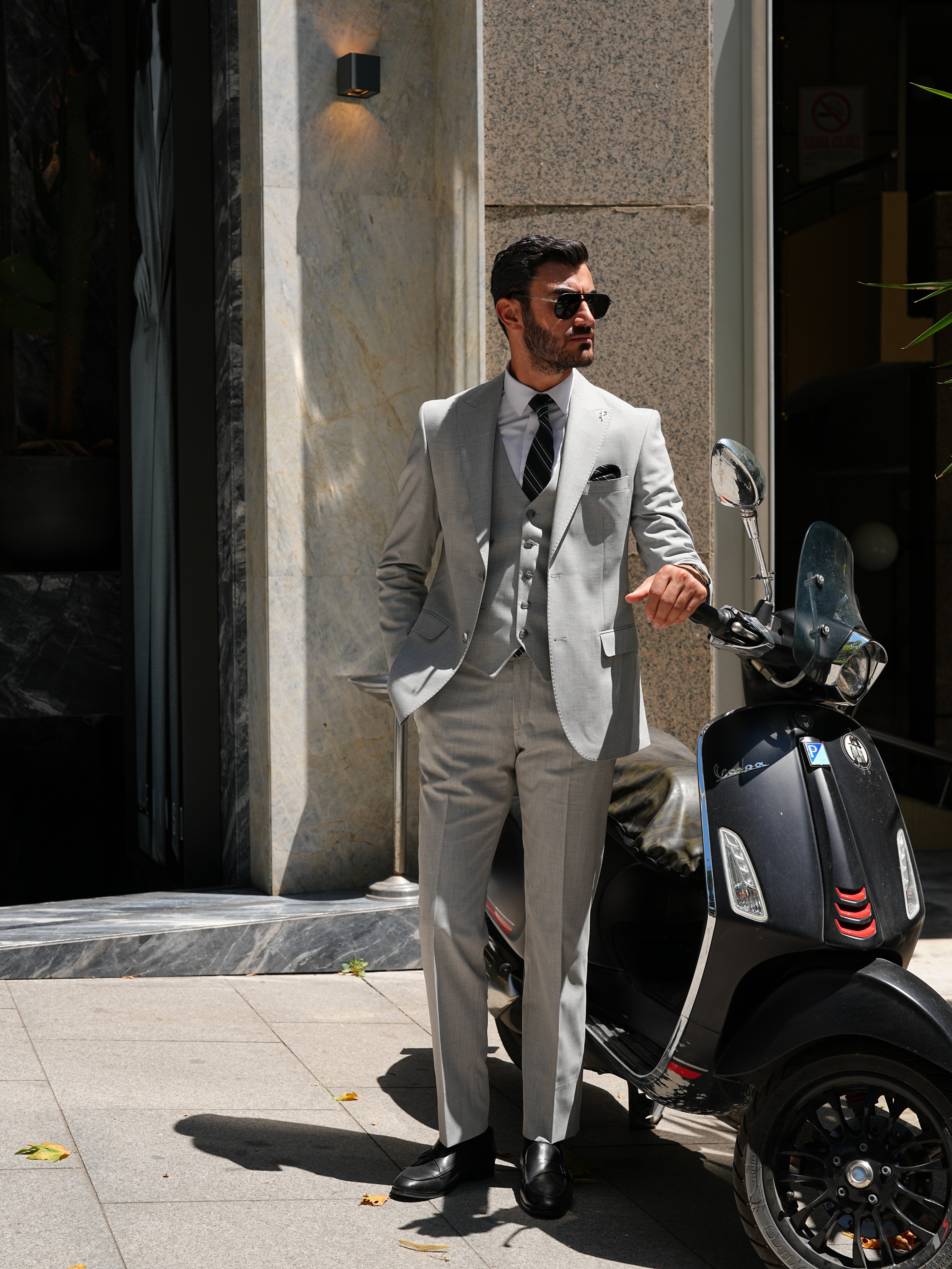 Erkek Slim Fit İtalyan Stil Takım Elbise - Açık gri