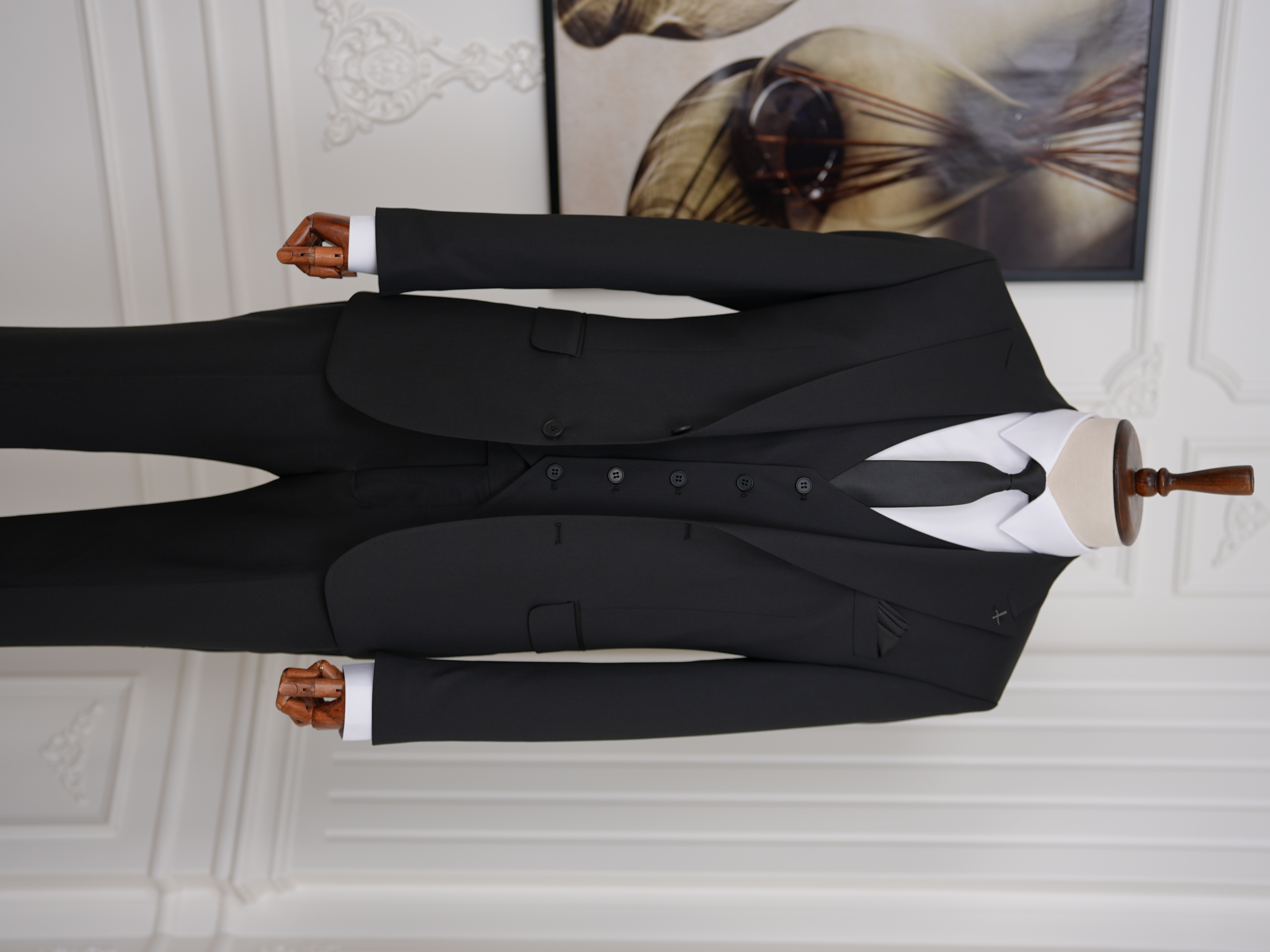 Erkek Slim Fit İtalyan Stil Yelekli Takım Elbise - Siyah