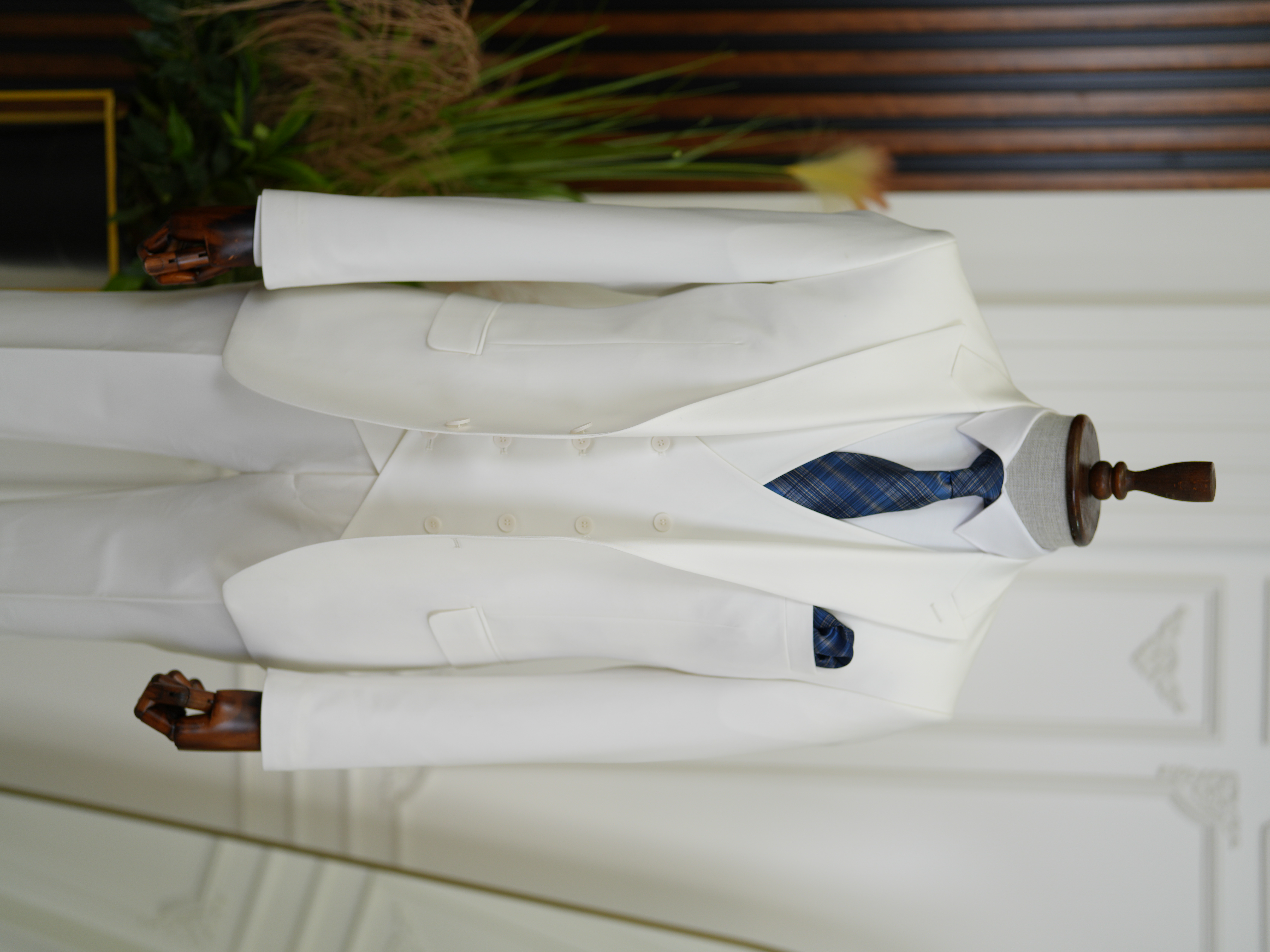 Erkek Slim Fit İtalyan Stil Yelekli Takım Elbise - Beyaz