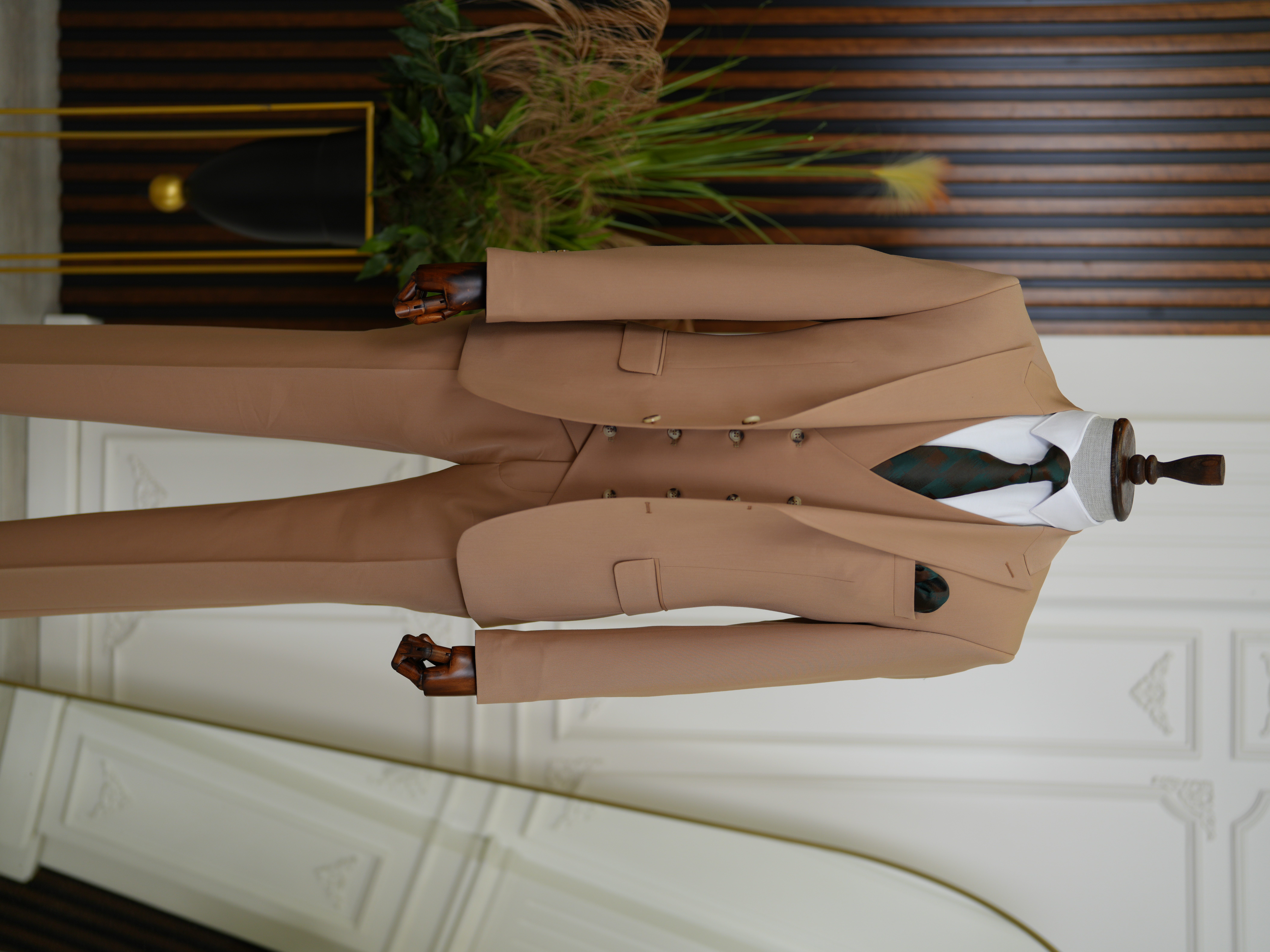 Erkek Slim Fit İtalyan Stil Yelekli Takım Elbise - Taba
