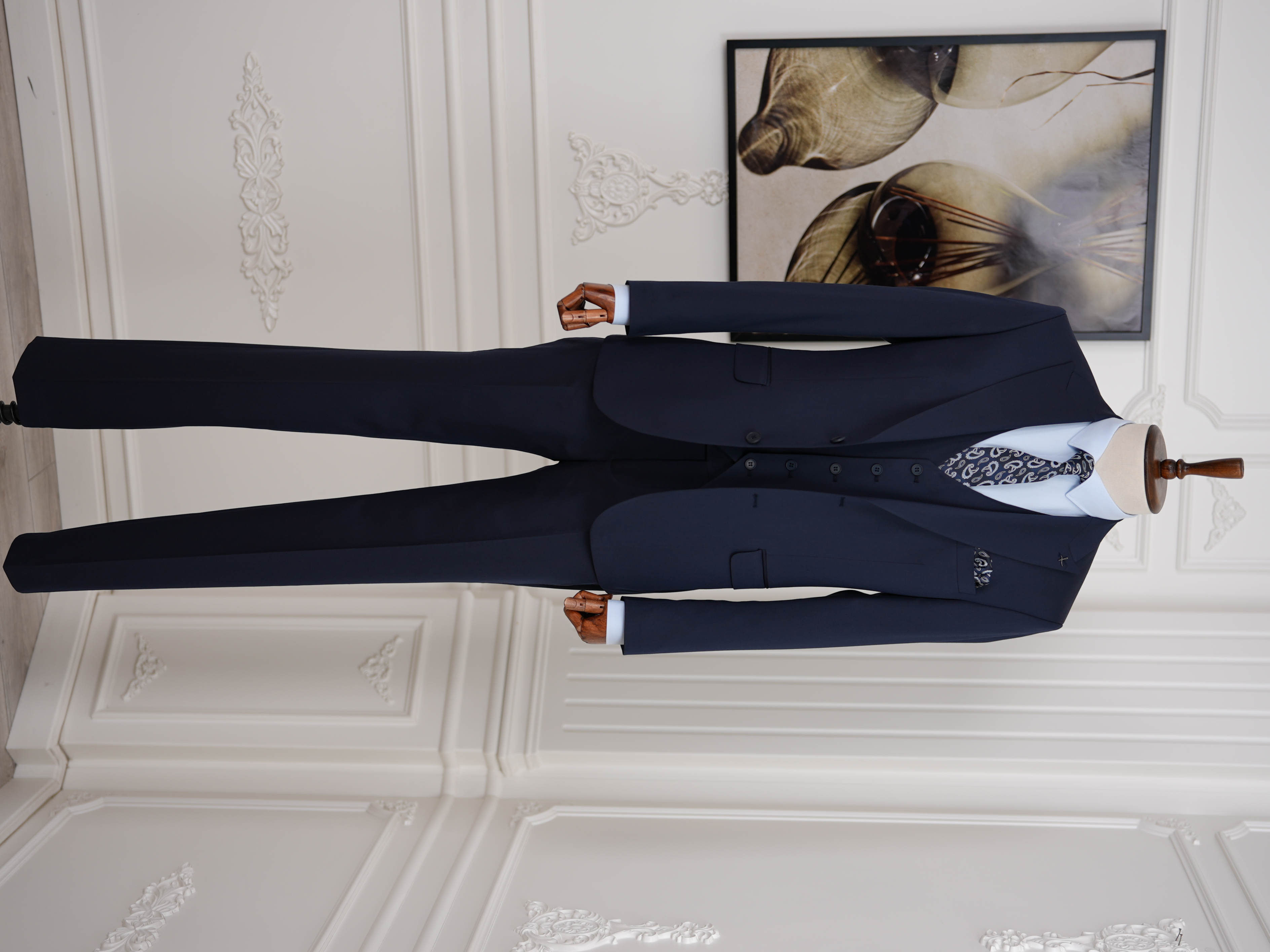 Erkek Slim Fit İtalyan Stil Yelekli Takım Elbise - Lacivert