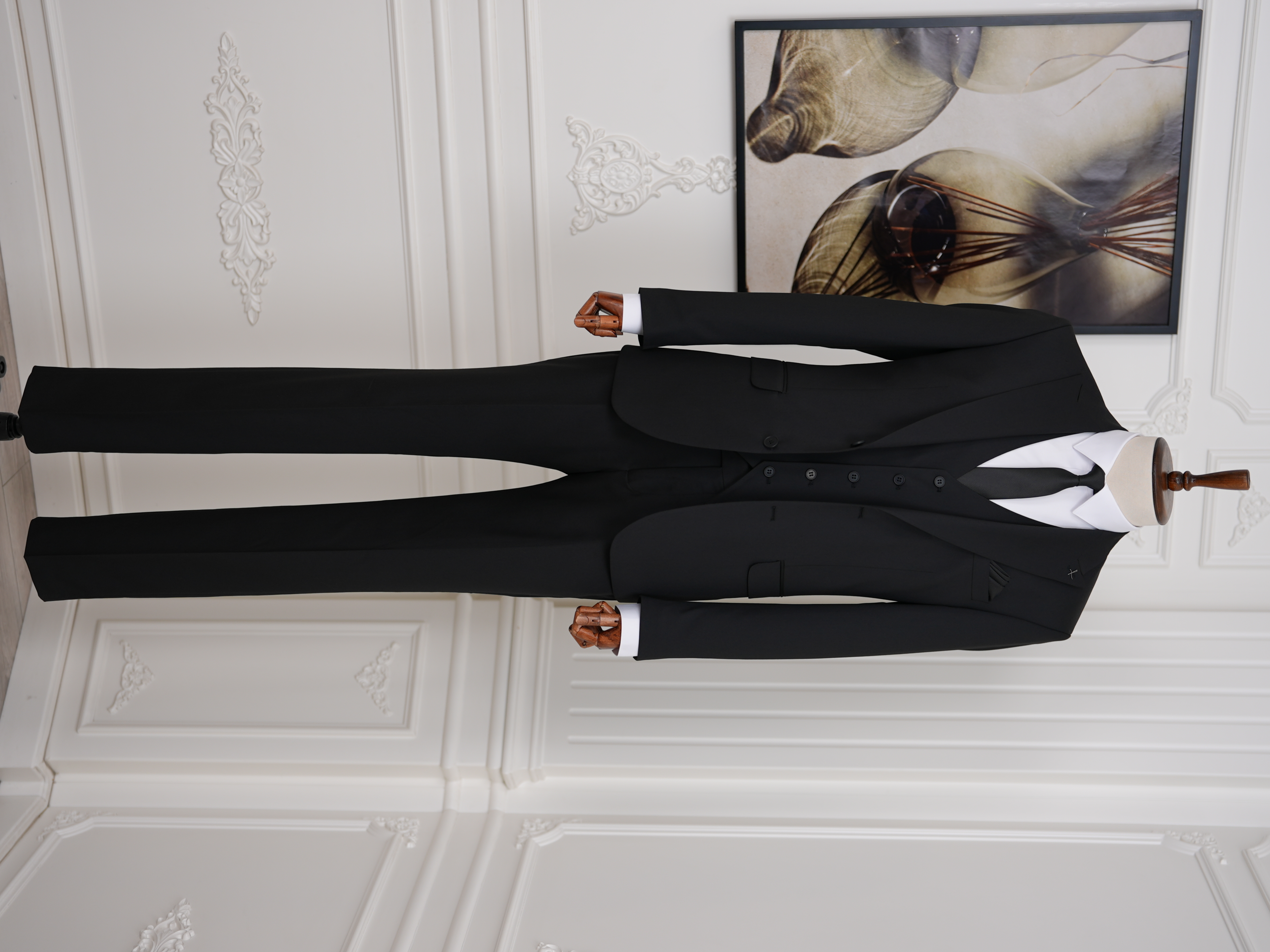 Erkek Slim Fit İtalyan Stil Yelekli Takım Elbise - Siyah