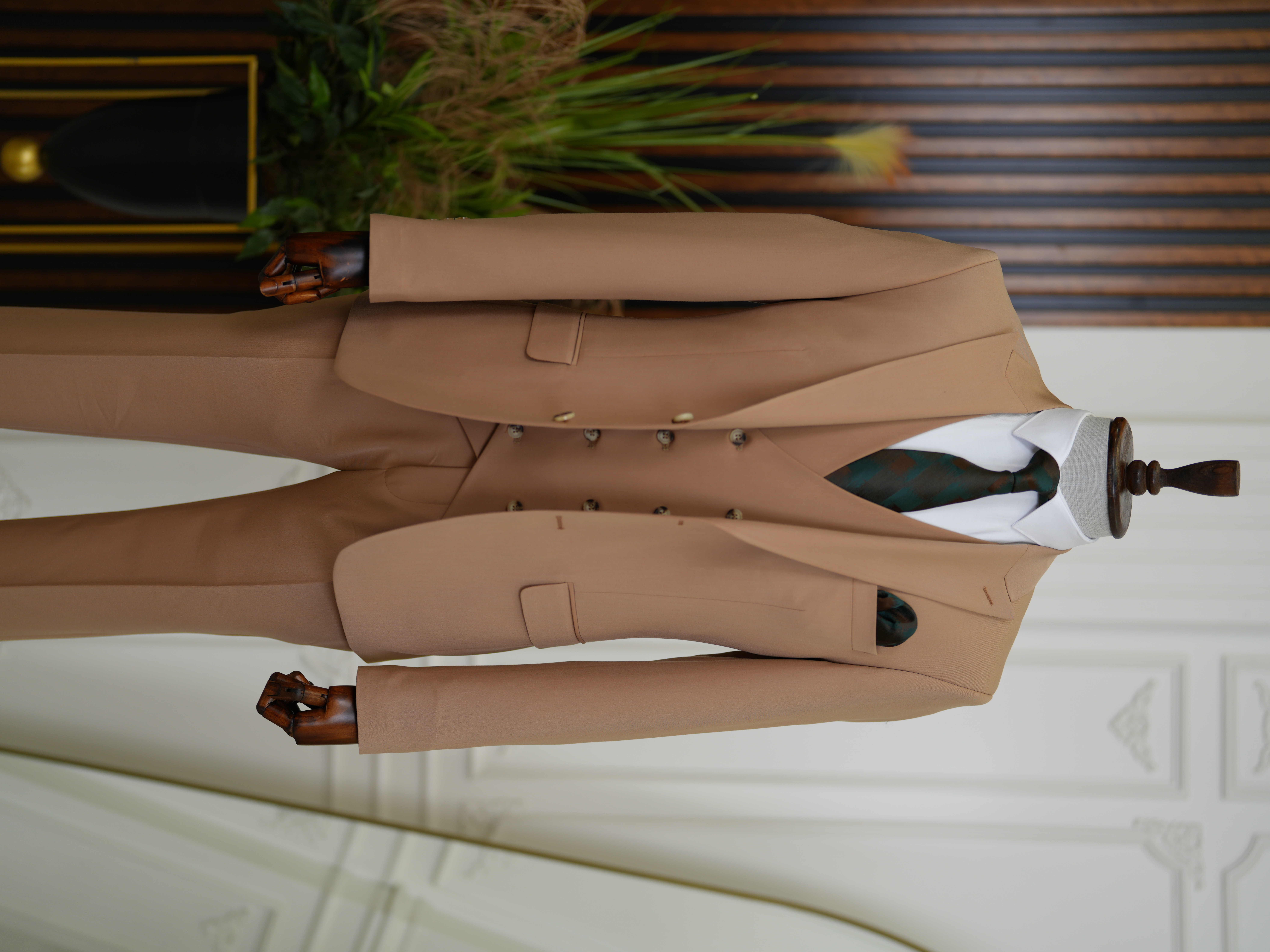 Erkek Slim Fit İtalyan Stil Yelekli Takım Elbise - Taba