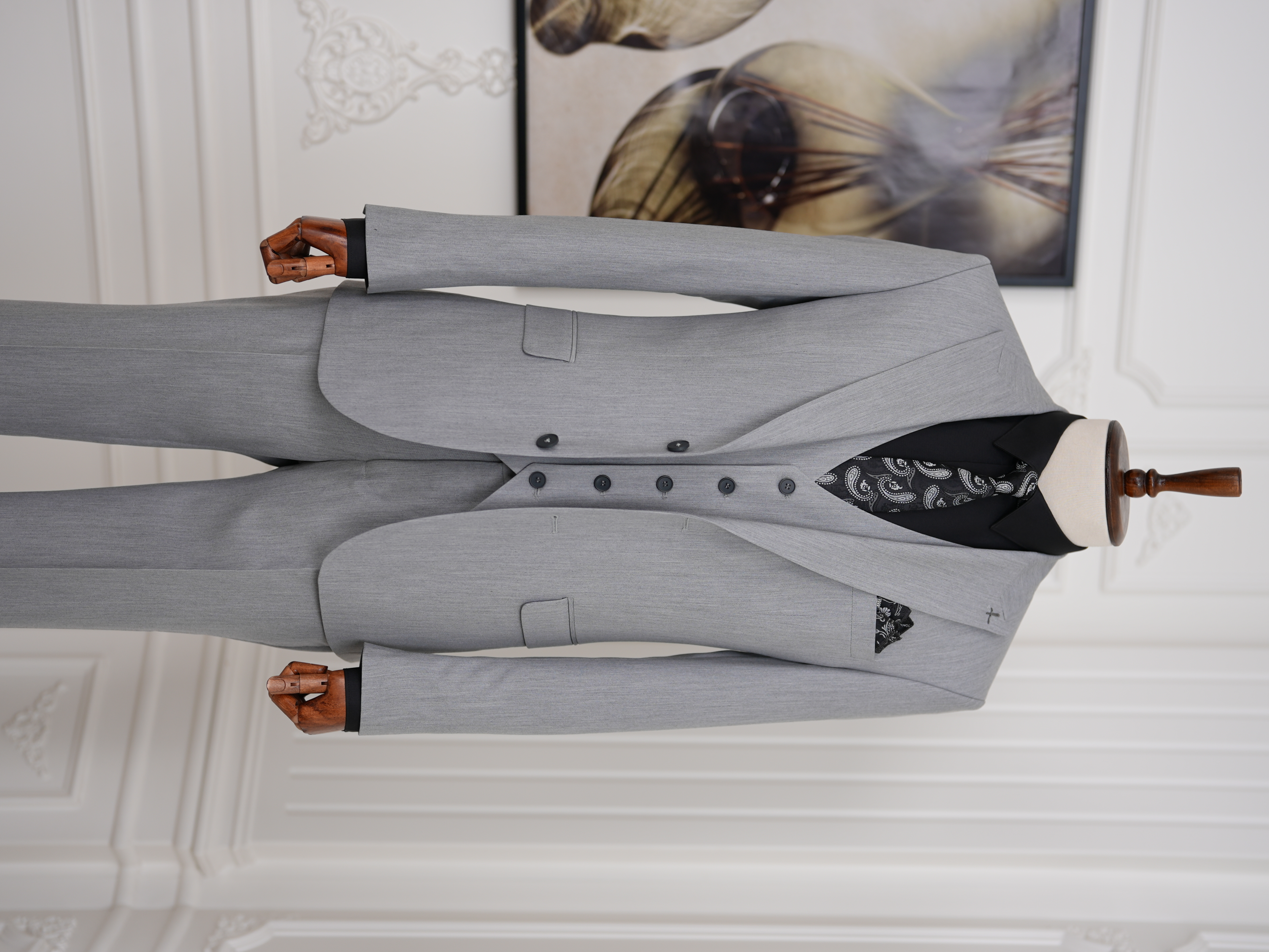 Erkek Slim Fit İtalyan Stil Yelekli Takım Elbise - Acık Gri