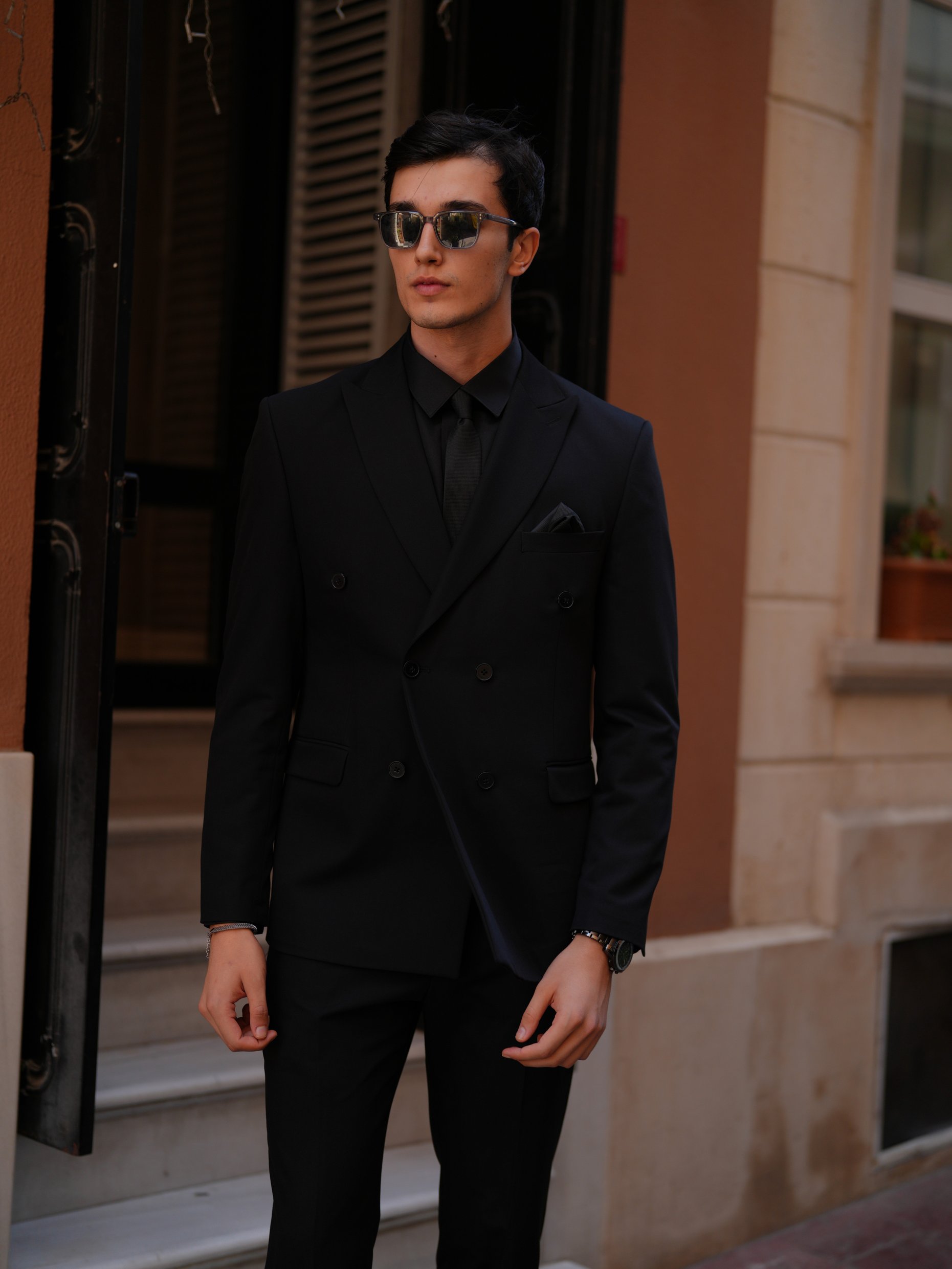 Erkek Slim fit Kruvaze Takım Elbise Ceket Pantolon - Siyah - Siyah