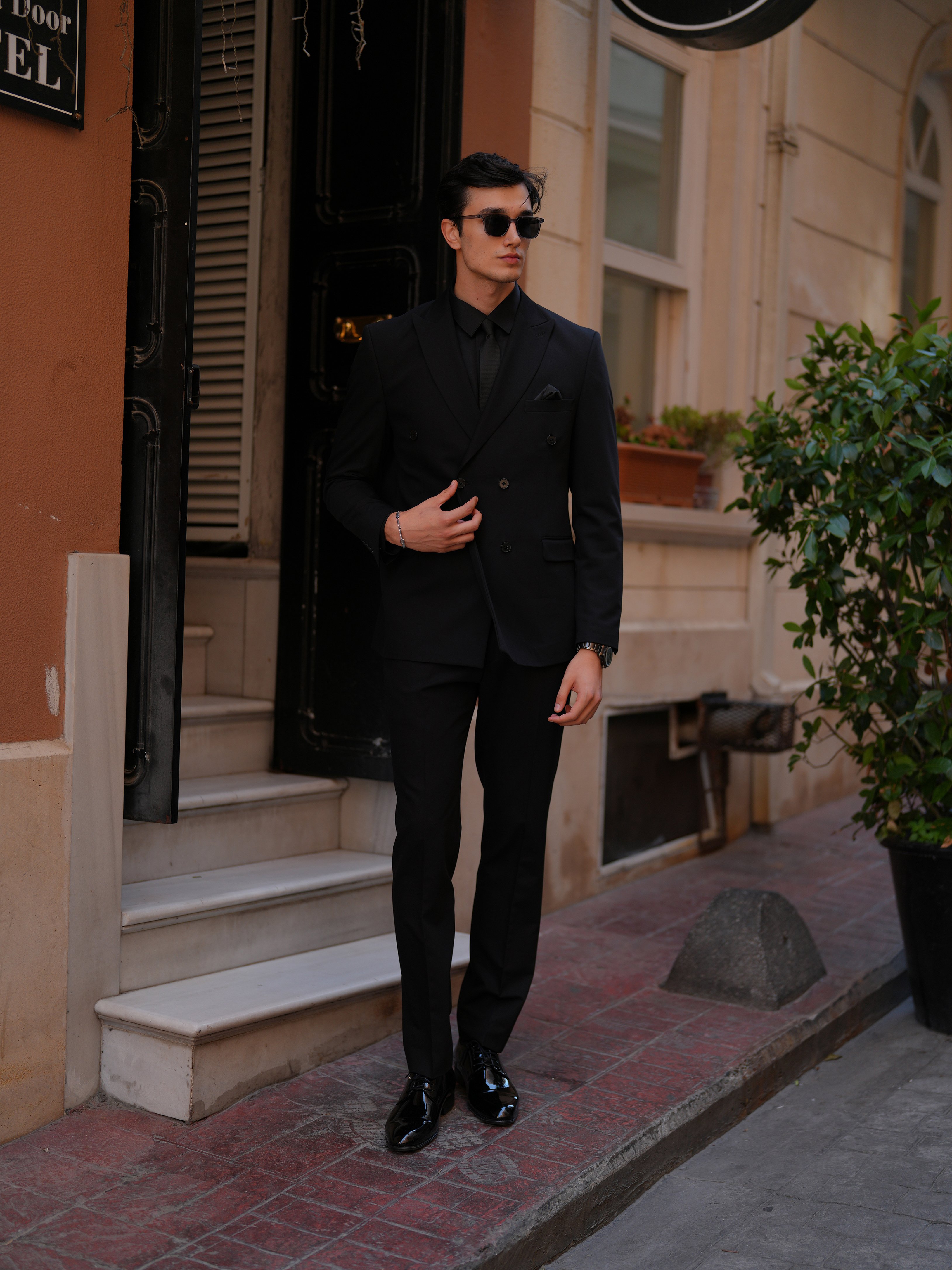 Erkek Slim fit Kruvaze Takım Elbise Ceket Pantolon - Siyah - Siyah