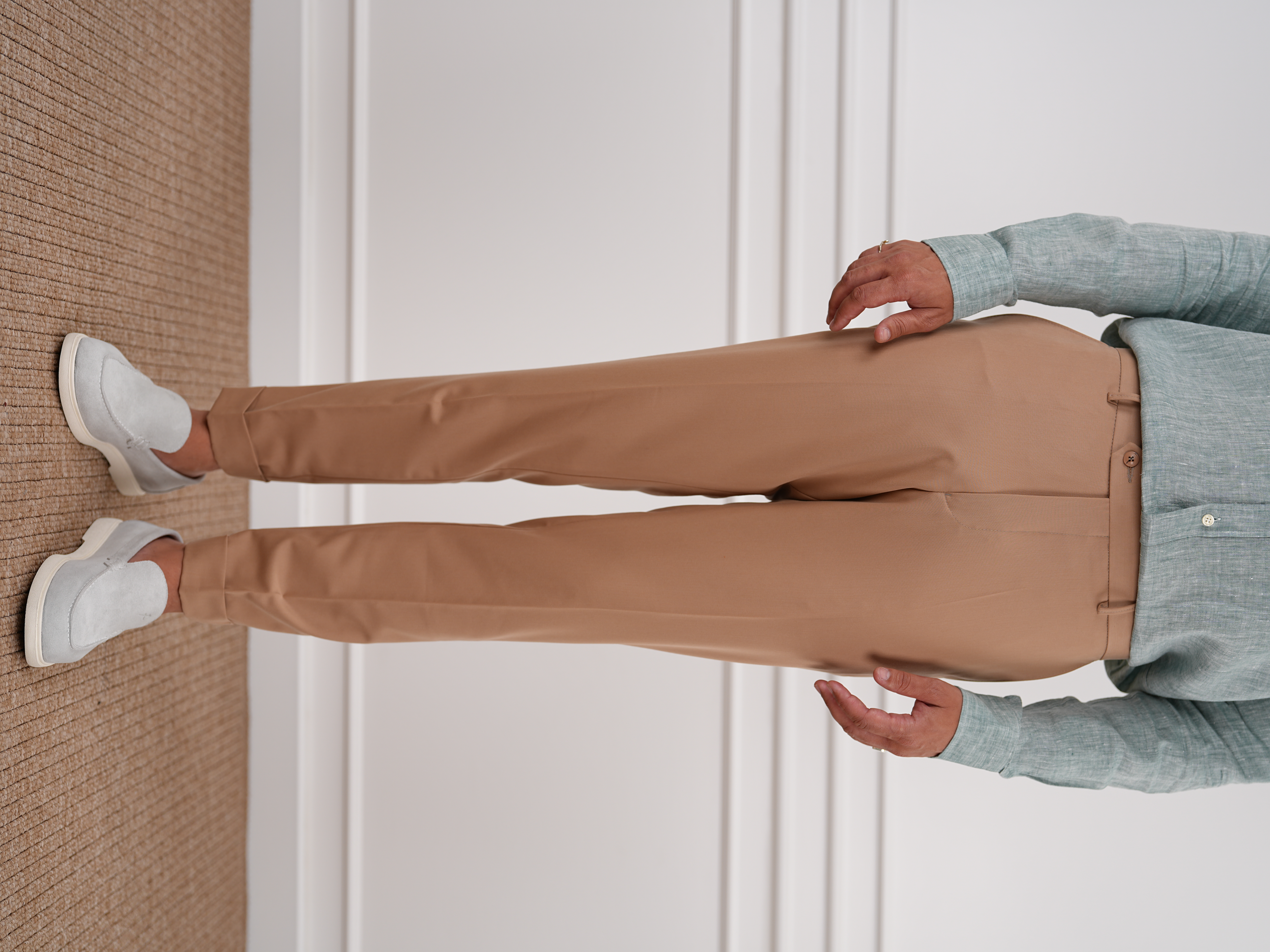 Erkek Slim Fit Yüksek Bel Duble Paça Kumaş Pantolon - Krem